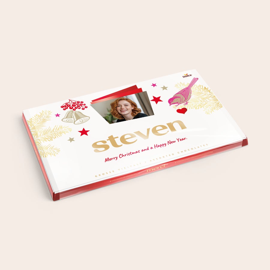 Čokoláda merci Finest Selection s kartičkou Čokoláda merci s personalizovanou kartou - 400 gramov s menom Steven a fotkou, zdobená vianočným motívom.