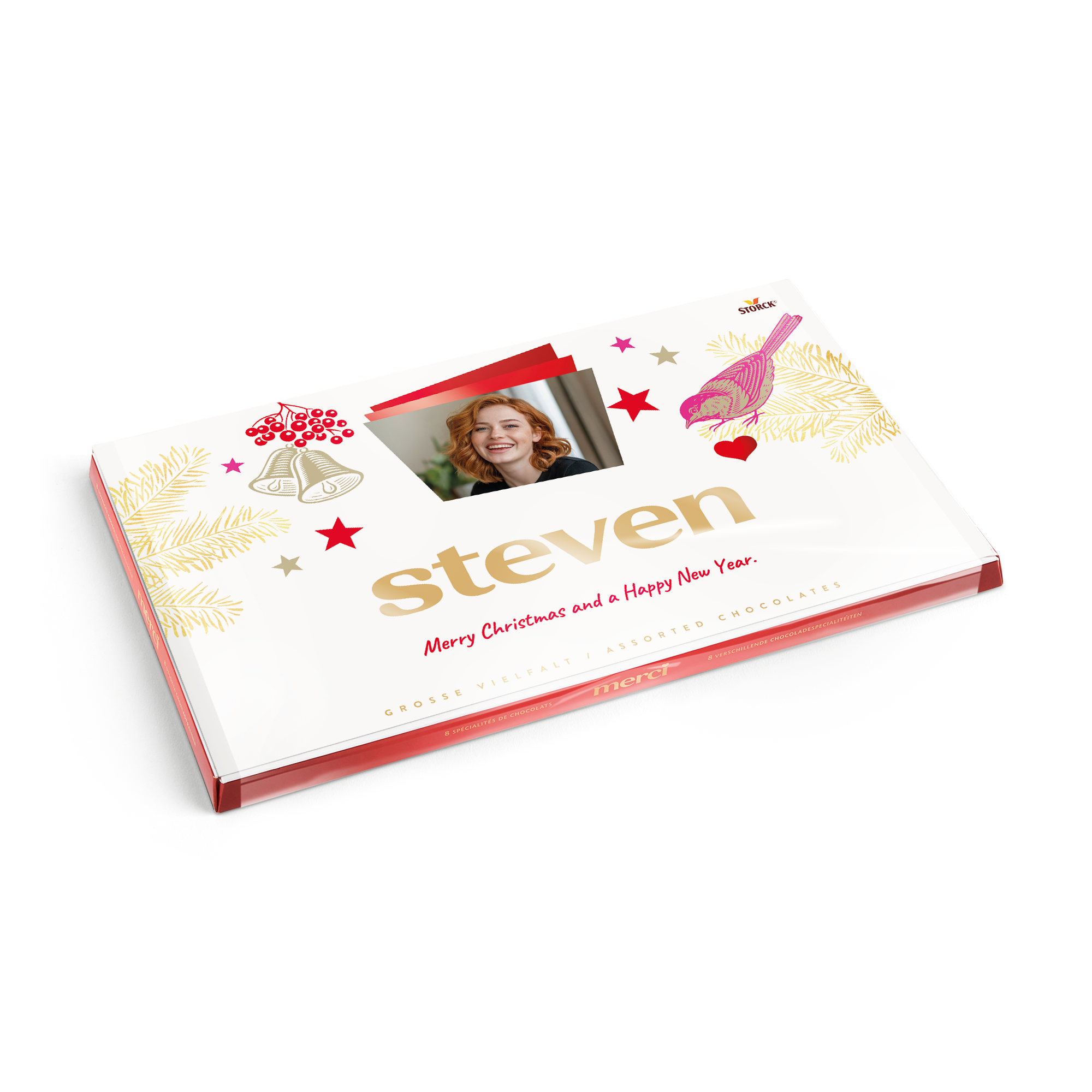 merci chocolate com cartão comemorativo personalizado - 400 gramas com nome Steven e foto impressa, tema festivo