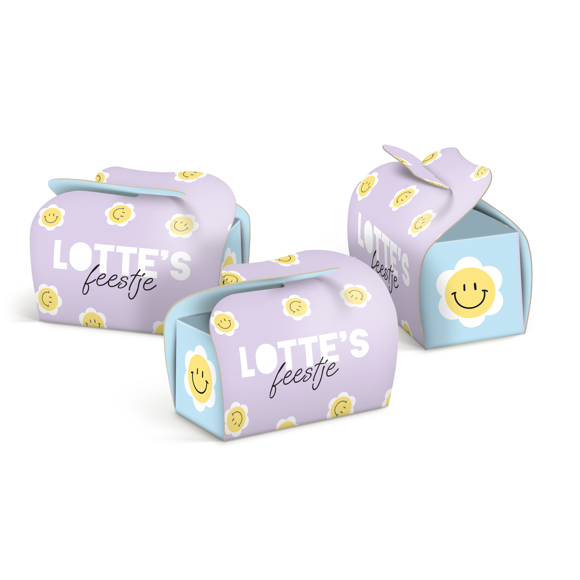 Drie paarse gepersonaliseerde Toblerone mini doosjes met 'LOTTE'S feestje' en lachende bloemen, om mooie momenten met jouw unieke ontwerp te creëren.