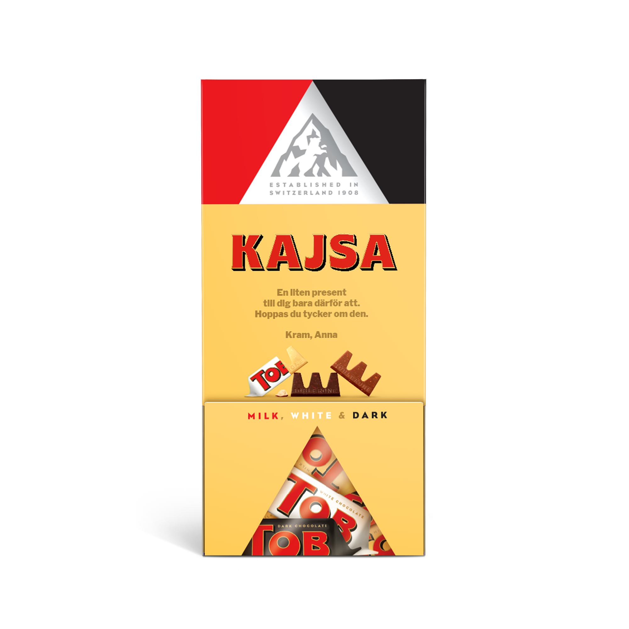 En personlig Toblerone-chokladdispenser med namnet Kajsa tryckt i rött och ett meddelande, fylld med Toblerone choklad.