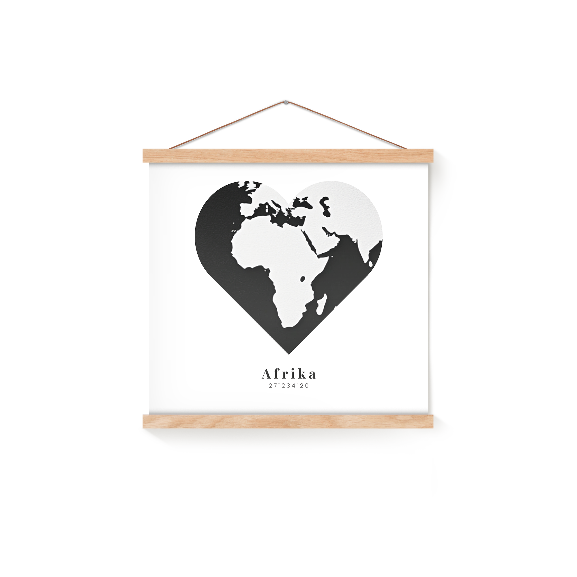 Poster da parete personalizzato con stampa di una mappa del mondo a forma di cuore con la scritta Africa e coordinate