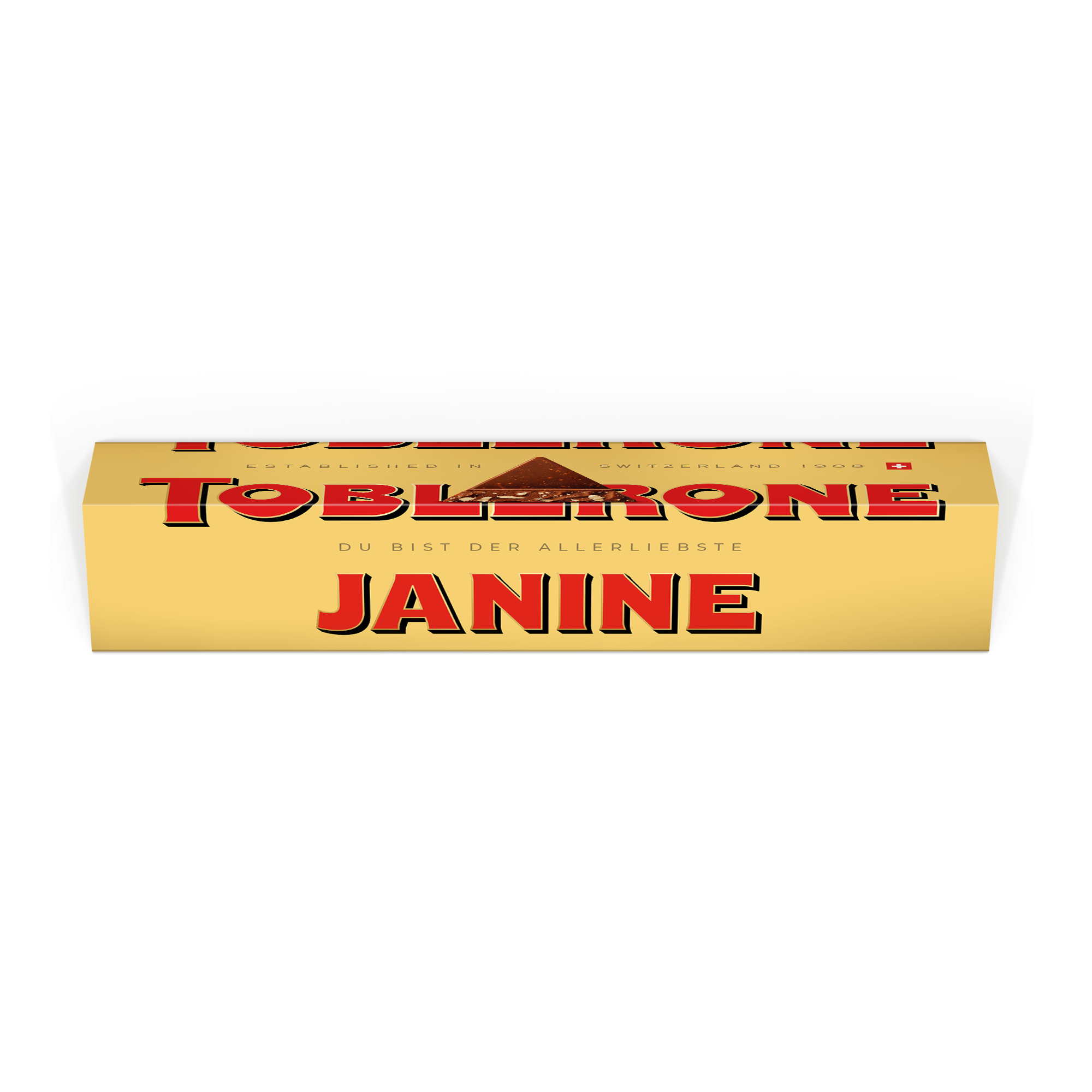 Toblerone personalisieren - 3600 Gramm mit gedrucktem Namen Janine und Grußbotschaft.
