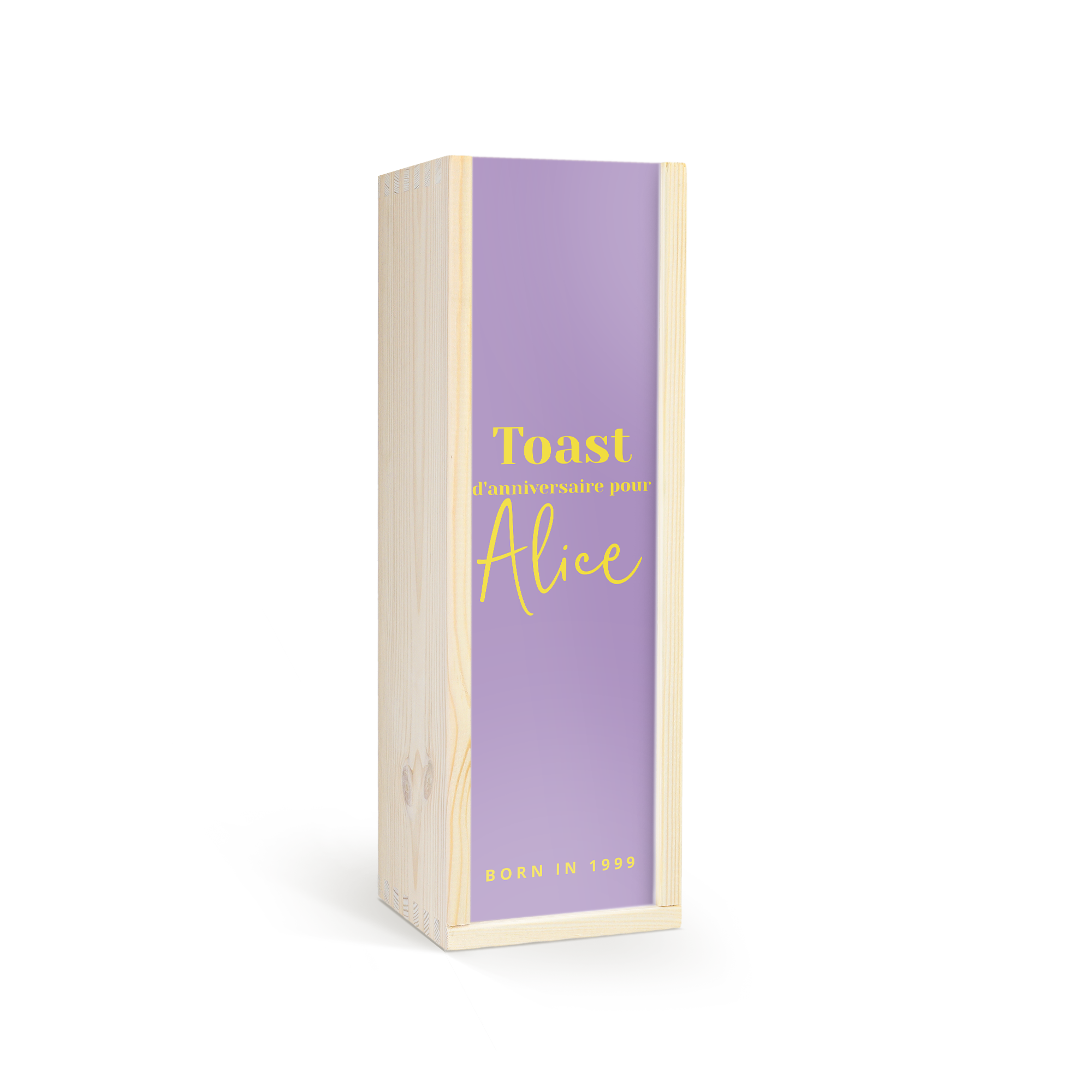 Coffret personnalisé en bois pour bouteille de vin Maison de la Surprise Syrah, texte "Toast d'anniversaire pour Alice Born in 1999" imprimé sur un fond violet