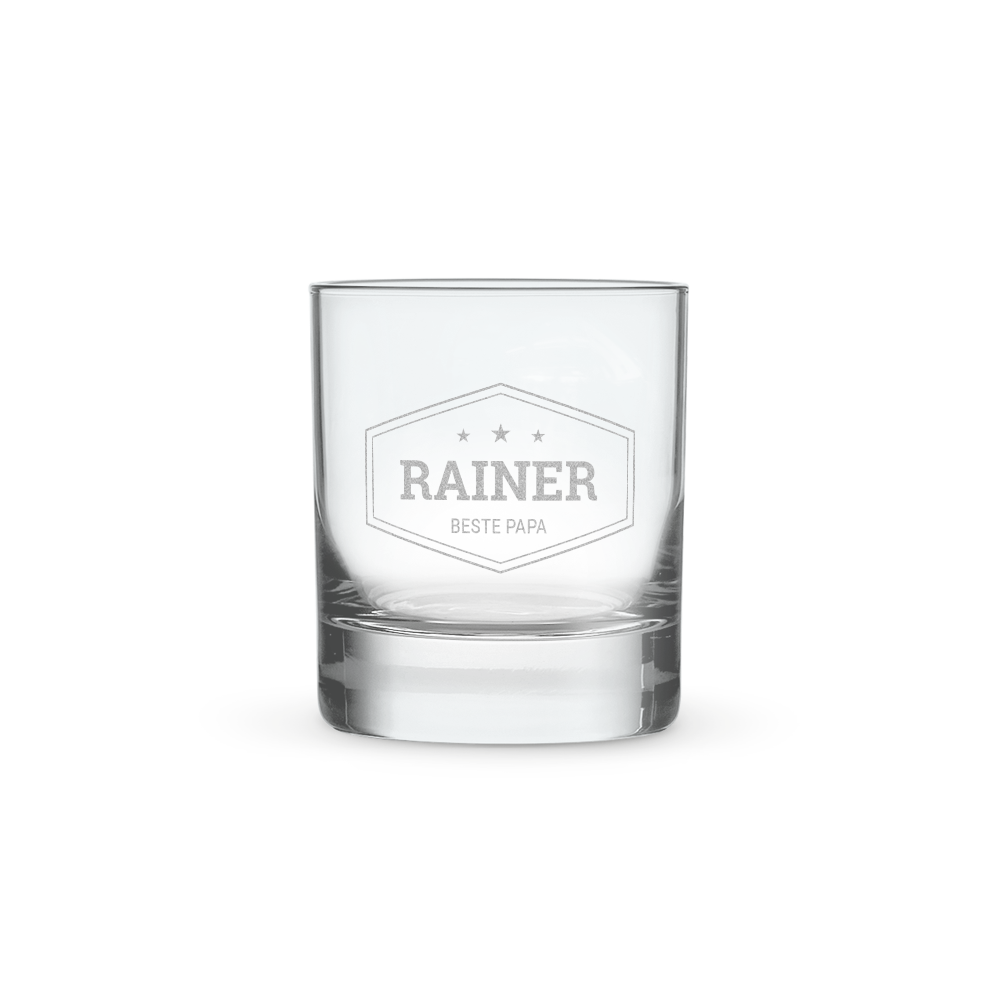Ein Tumbler Whiskyglas mit graviertem Design und dem Namen Rainer Beste Papa darauf, personalisierbar.
