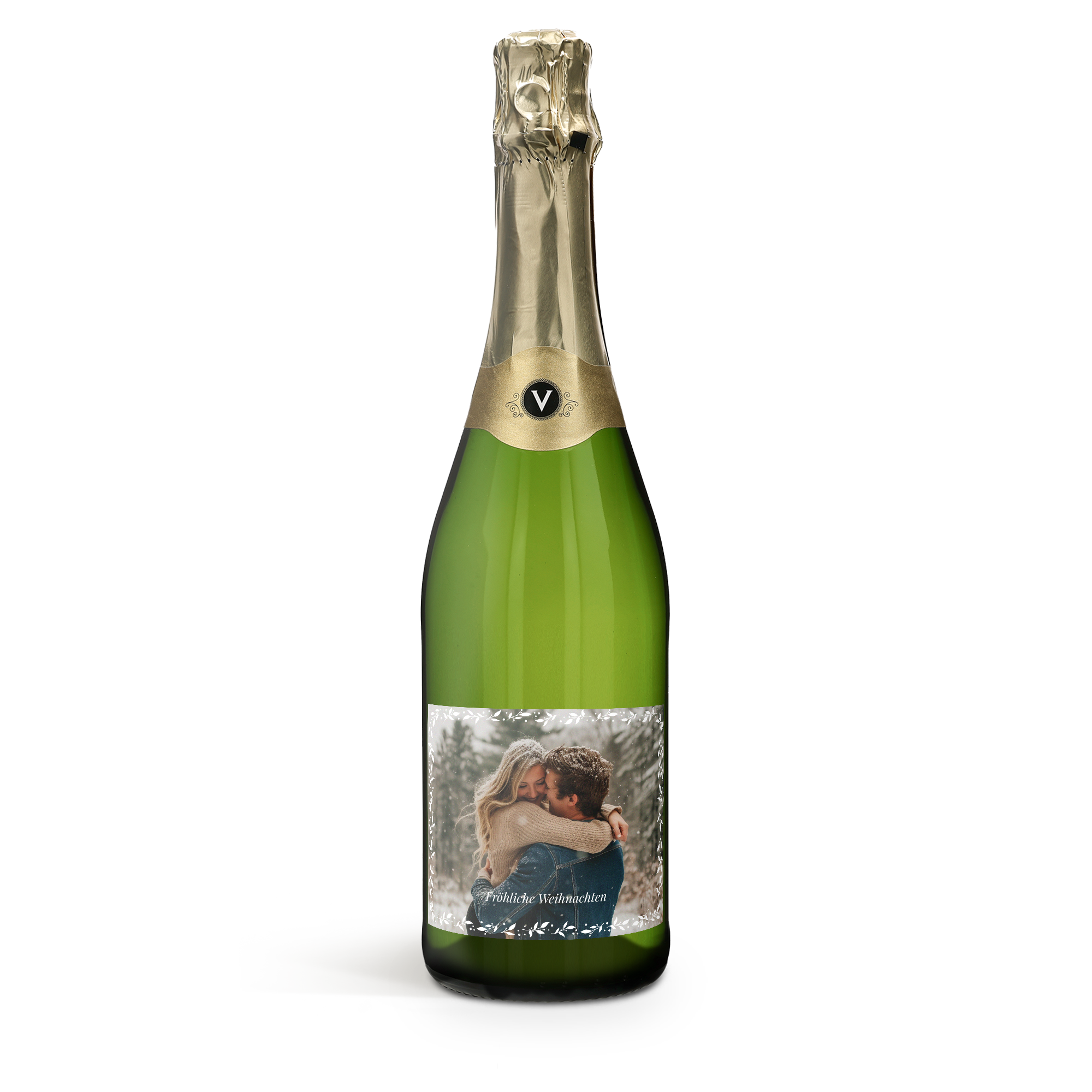 Vintense Blanc Flasche mit personalisiertem Etikett bedruckt mit Pärchenfoto und "Fröhliche Weihnachten".