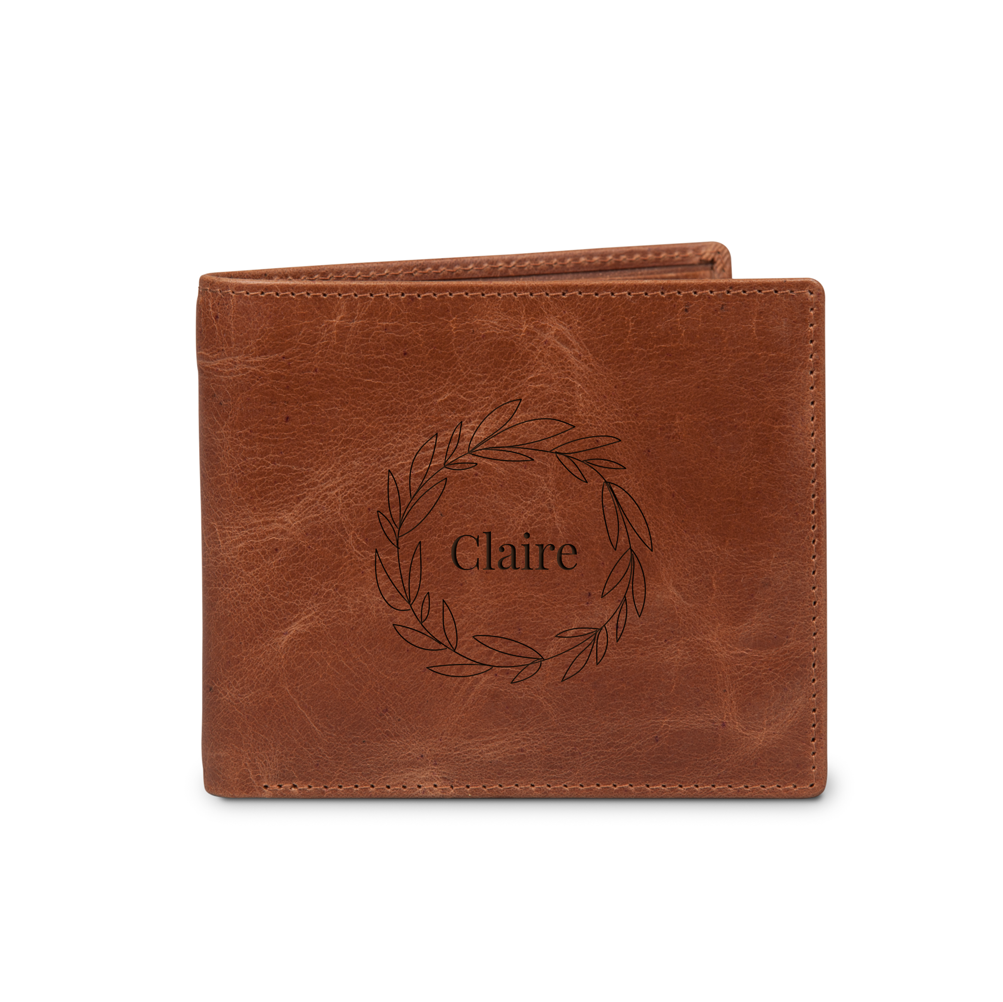 Brown leather wallet engraved with the name Claire inside a delicate leaf wreath design for a personal touch