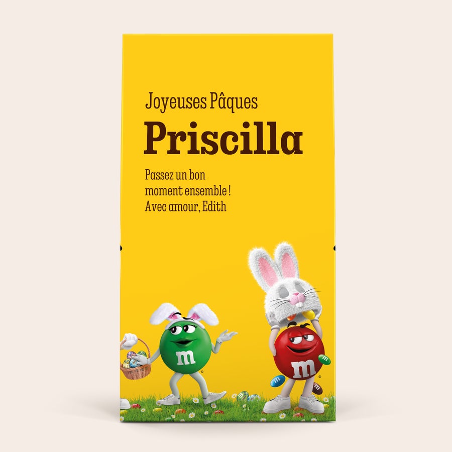 Boîte cadeau personnalisée XL M&M's - 6 sachets (714 grammes) Coffret cadeau XL de M&Ms personnalisé avec le nom Priscilla et le message Joyeuses Pâques.
