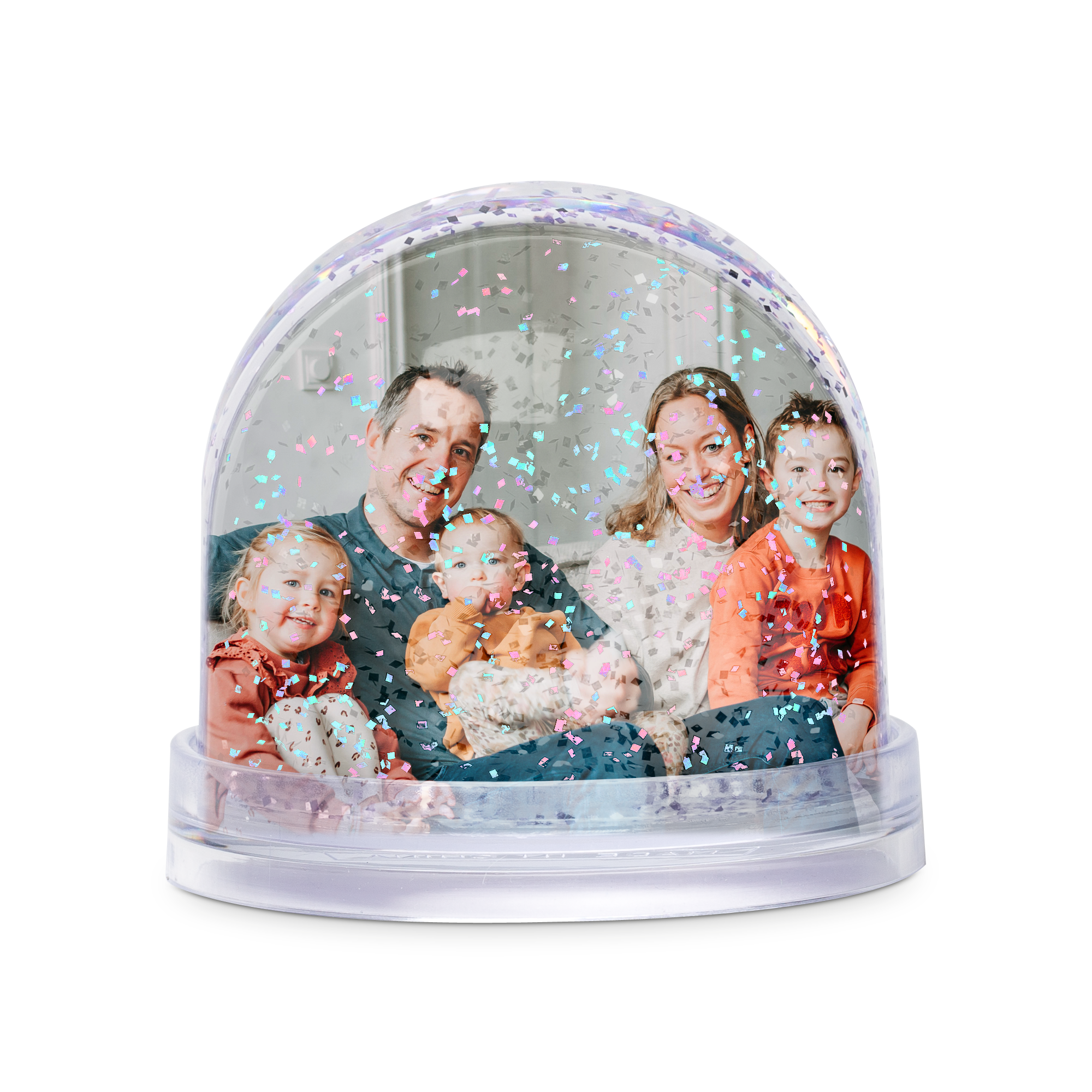 Sfera in vetro personalizzata con glitter azzurri e rosa, include una foto di famiglia con due adulti e tre bambini