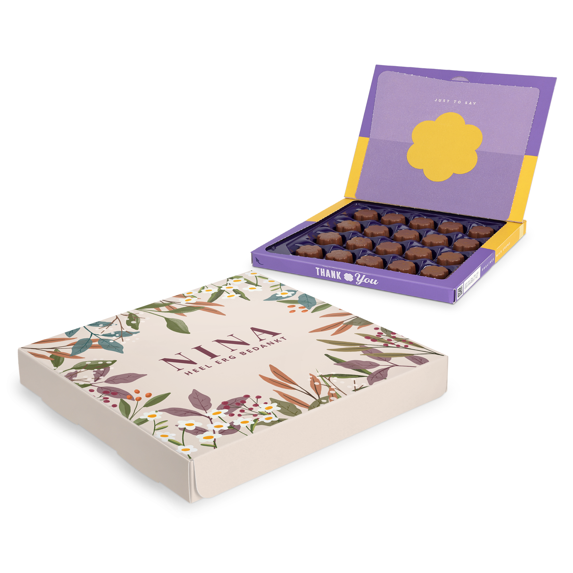 Persoonlijke bedrukte Milka giftbox met Nina heel erg bedankt op de voorzijde en Thank You aan de binnenzijde.