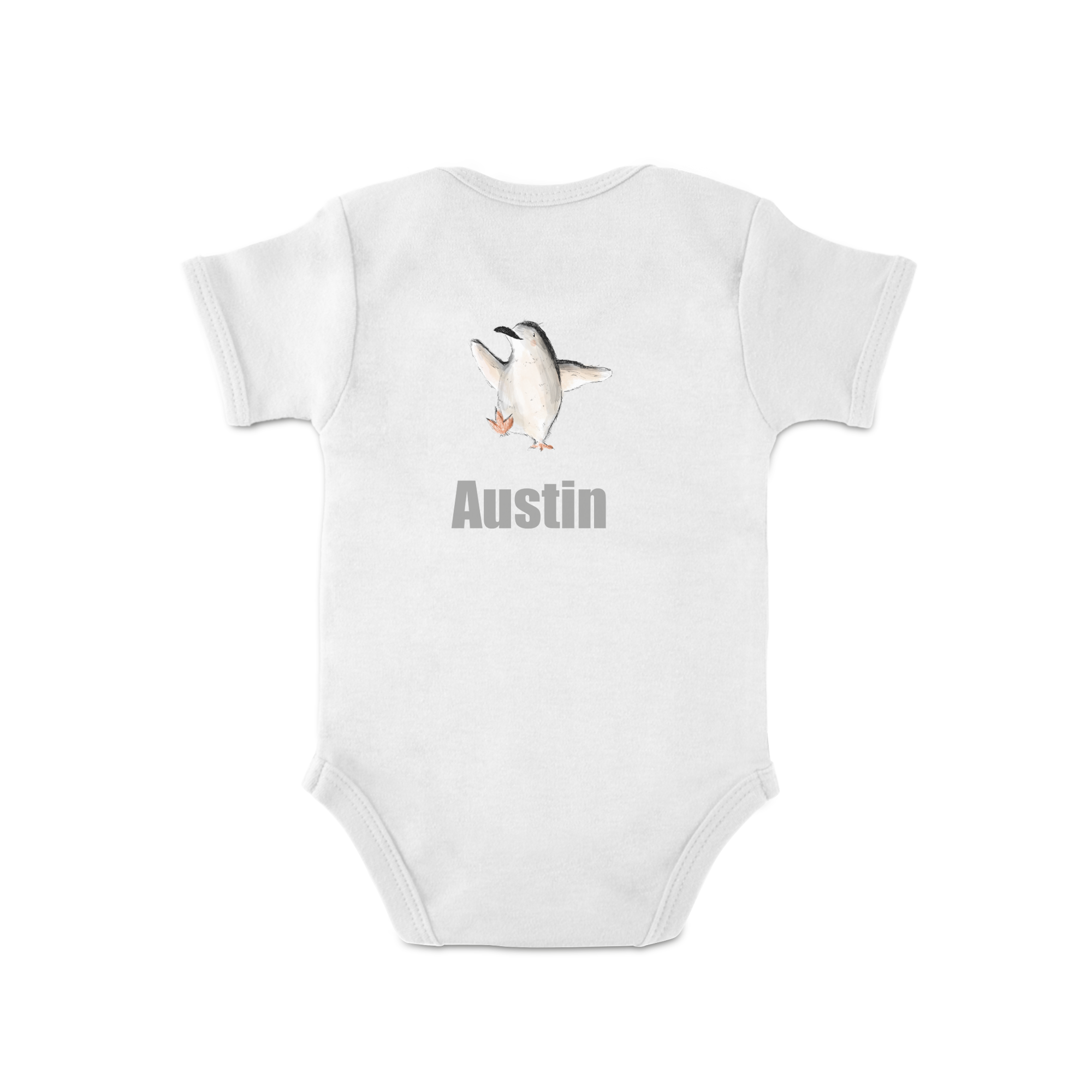Romper de bebê branco com pinguim e nome Austin impresso, um presente personalizado.