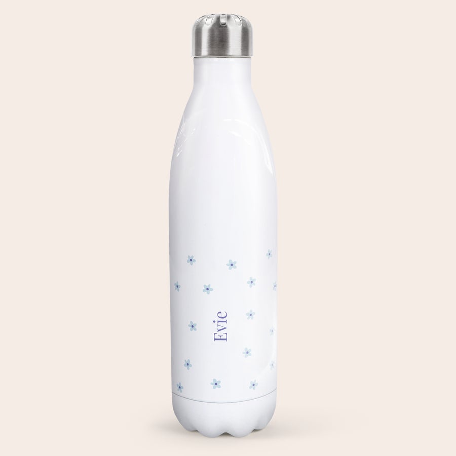 Botella de agua con foto Botella de agua térmica blanca, personalizada con el nombre "Evie" y estampado de flores azules. Su compañero de aventuras personalizado.