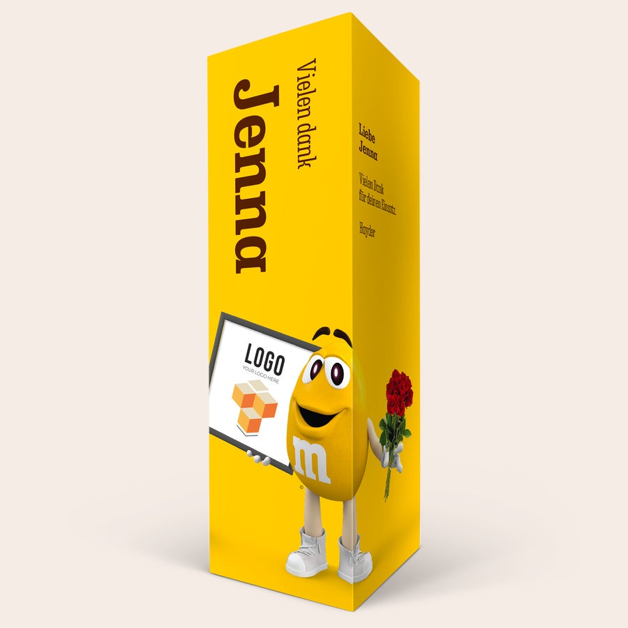 M&M´s personalisieren - Candy Tower Gelbe personalisierte M&M's Geschenkbox mit dem Namen Jenna und einem Text, bedruckt mit einem Bildhalter und einem M&M's-Charakter.