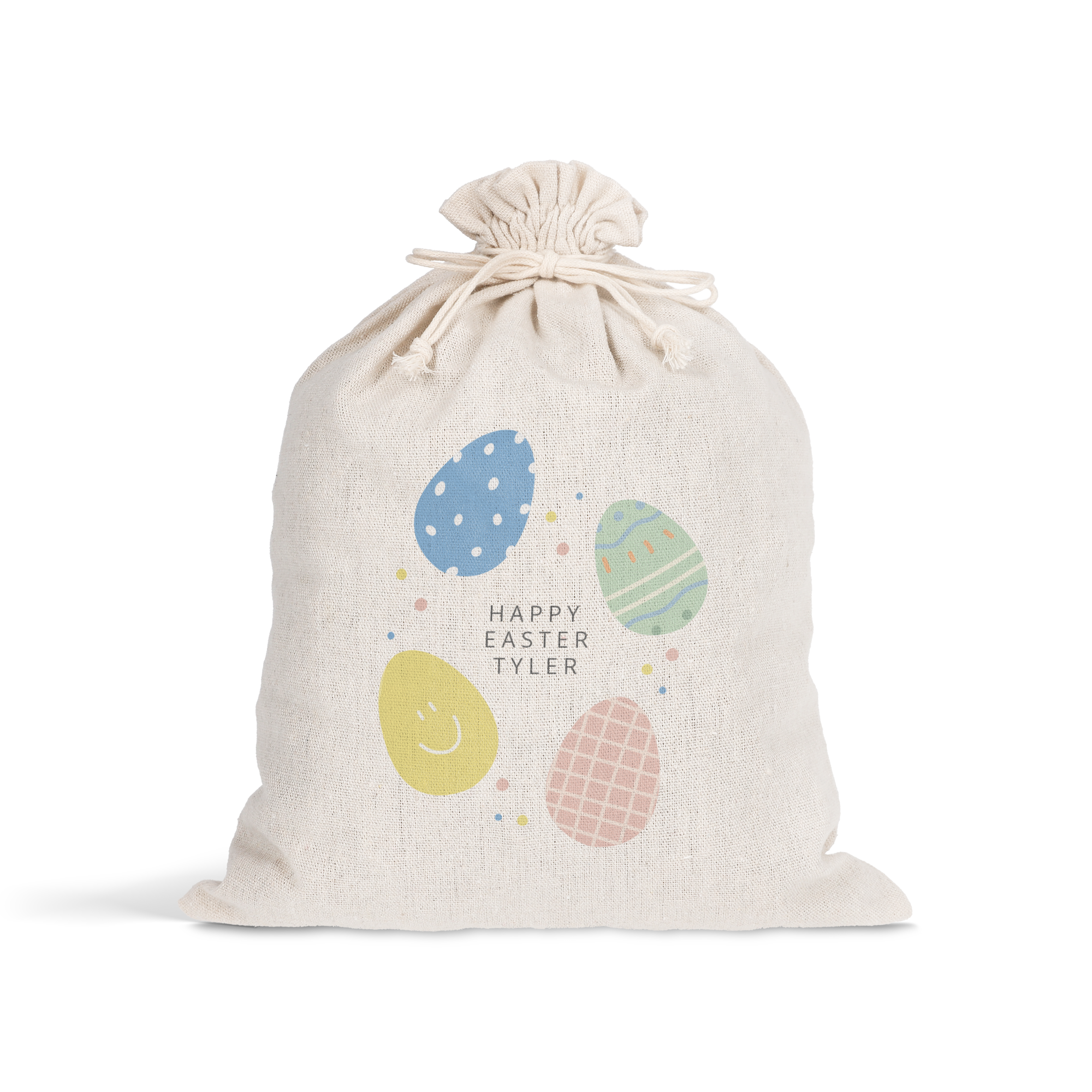 Sacola de presente de Páscoa personalizada com cordão, ovos coloridos e o nome Tyler impresso
