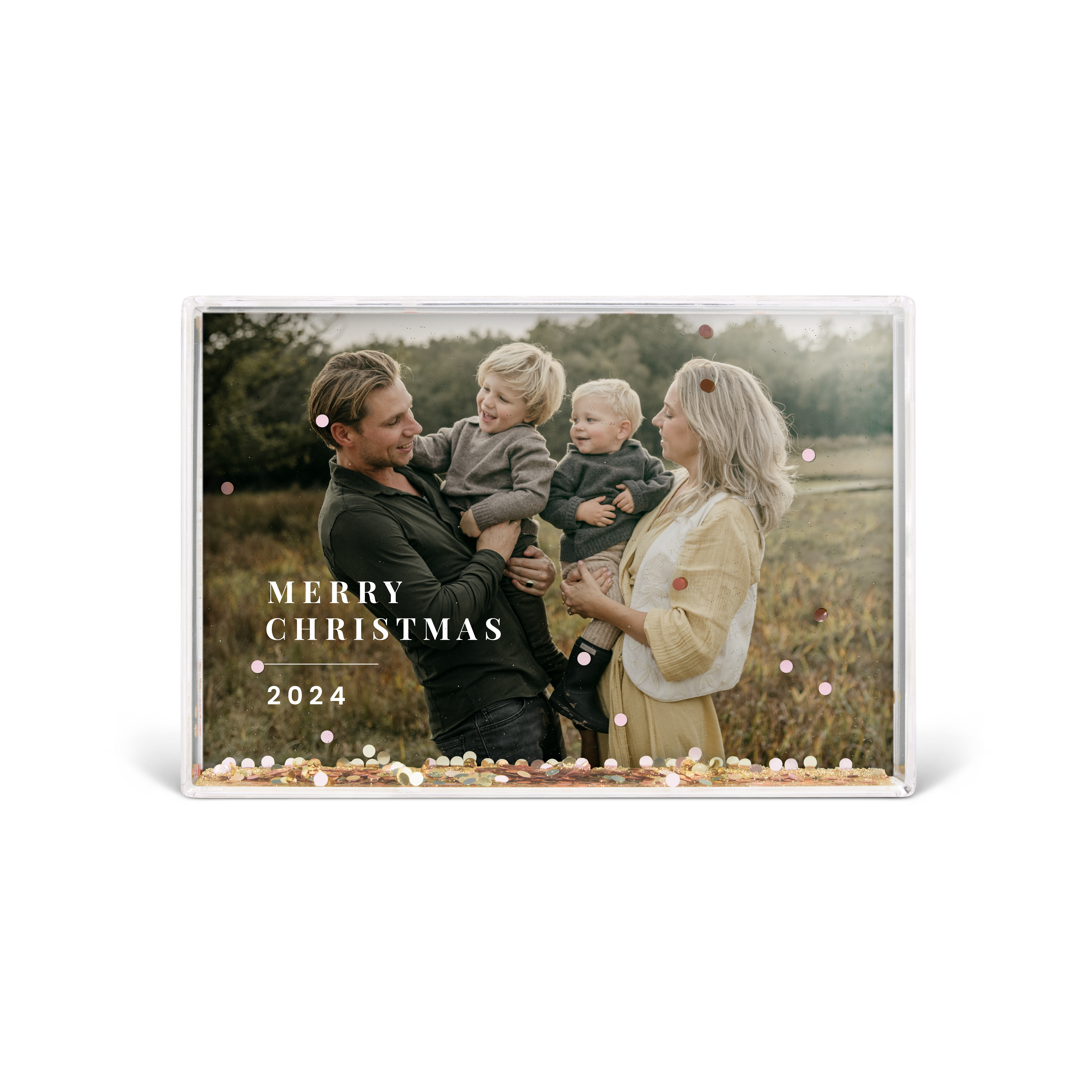 Personalized snow globe picture frame with a family photo and Merry Christmas 2024 text, filled with confetti