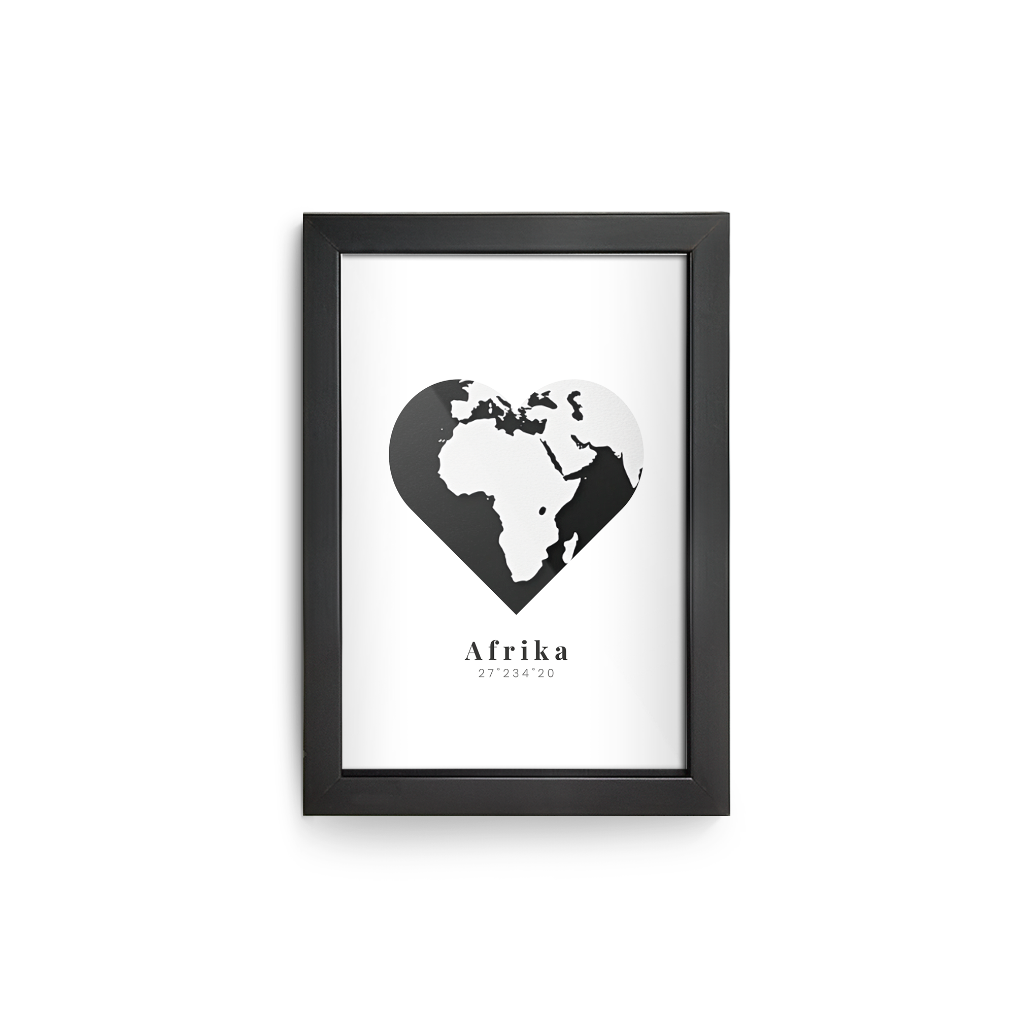 Affiche personnalisée avec cadre noir, imprimée avec une carte du monde en forme de cœur et le texte Afrika 27 234 20