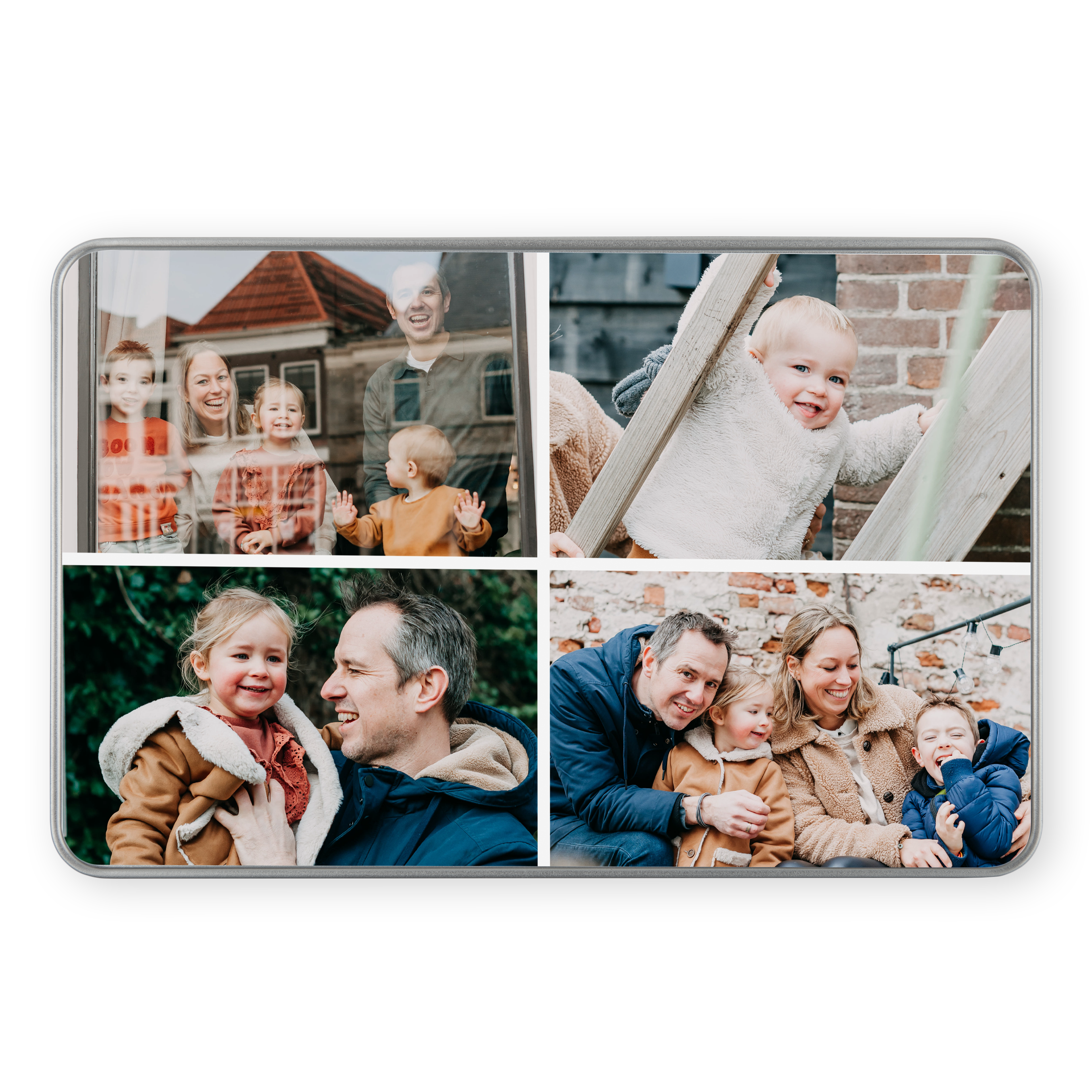Personalizirana darilna pločevinka s foto kolažem družinskih fotografij, polnjena s čokolado Côte d'Or.