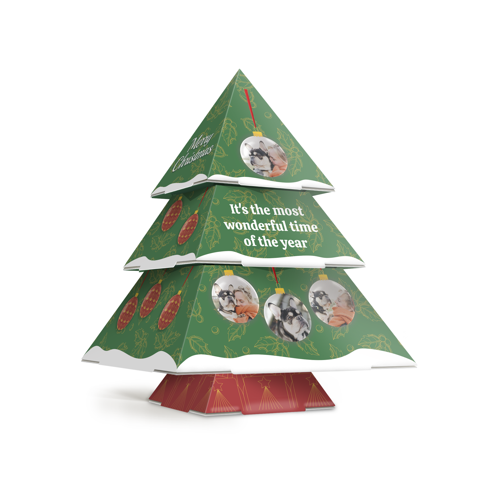 Sapin de Noël en papier DIY imprimé avec photos et messages personnalisés pour une touche personnelle.