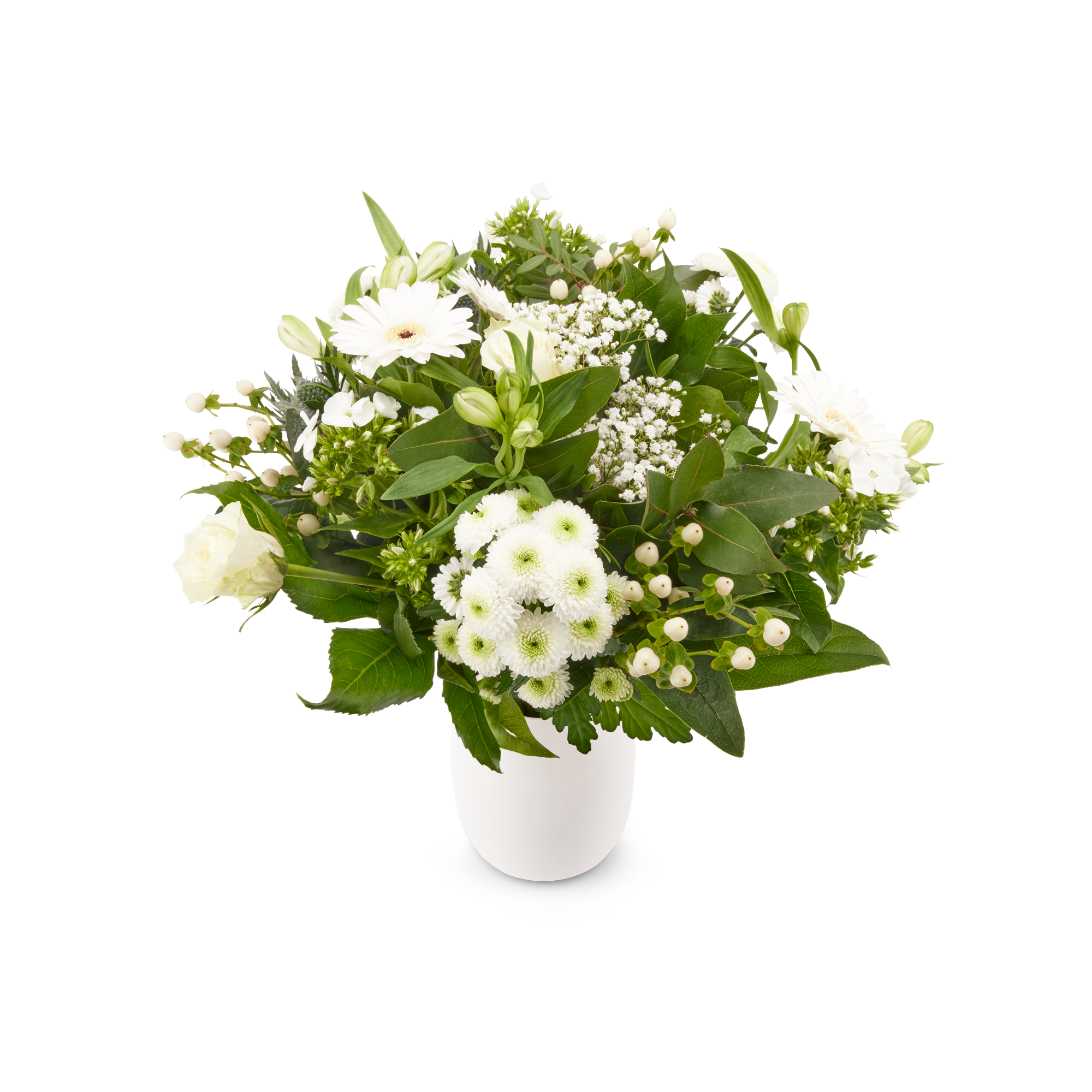 Boeket witte bloemen bezorgen met gerbera, roos en gipskruid, inclusief gepersonaliseerd cadeaukaartje.