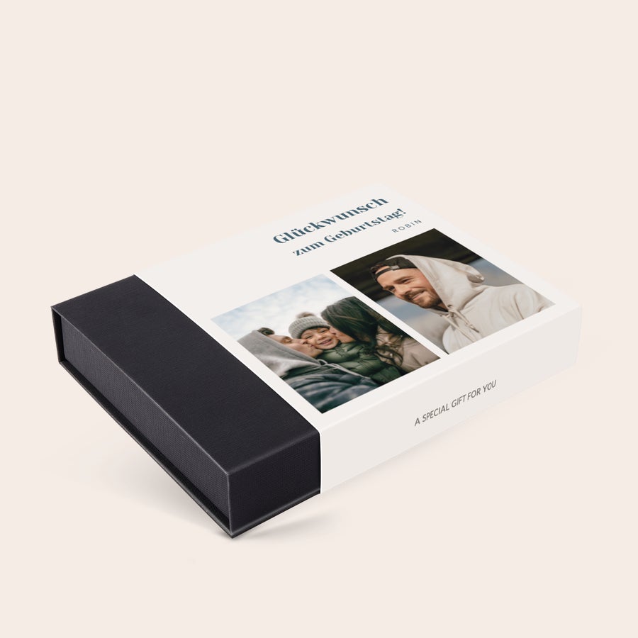 Personalisierte Pralinen Pralinenverpackung selbst gestalten – 25 Pralinen mit persönlichem Foto und Text bedruckt für eine besondere Geschenkidee.