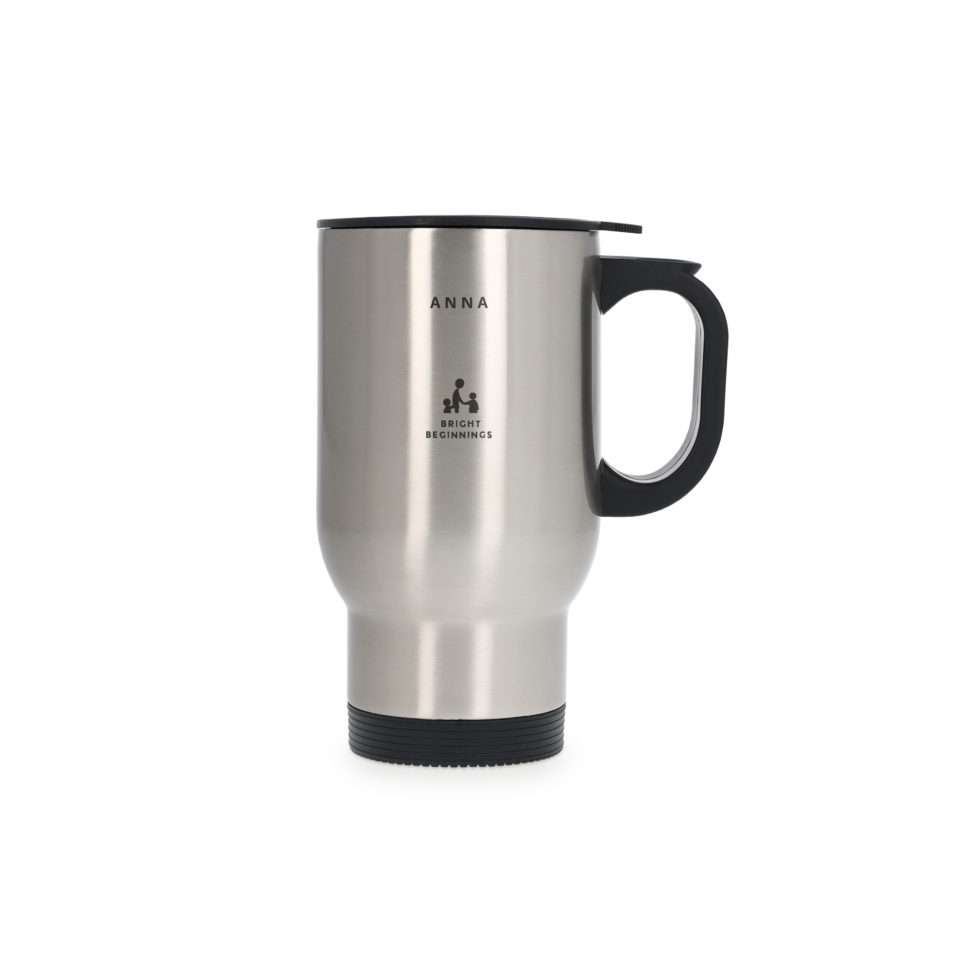 Personalized stainless steel thermos mug with black handle, custom printed with the name Anna and "Bright Beginnings" logo, perfect to transform any daily drink with a custom touch.