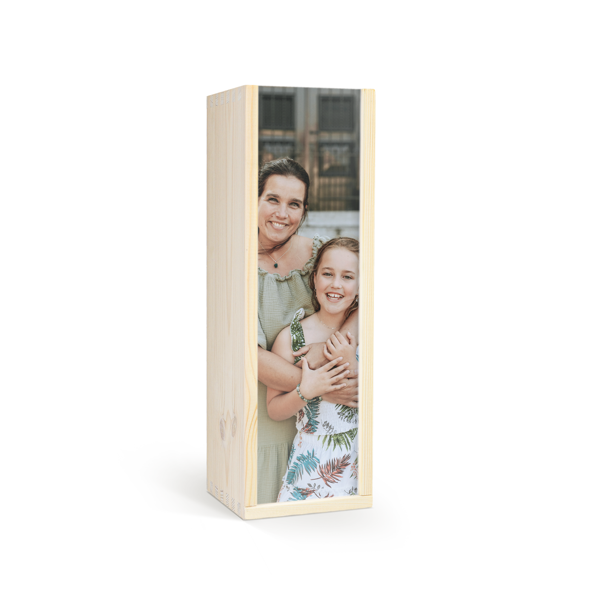 Coffret en bois avec photo personnalisée d'une femme et d'une fille pour bouteille de vin sans alcool