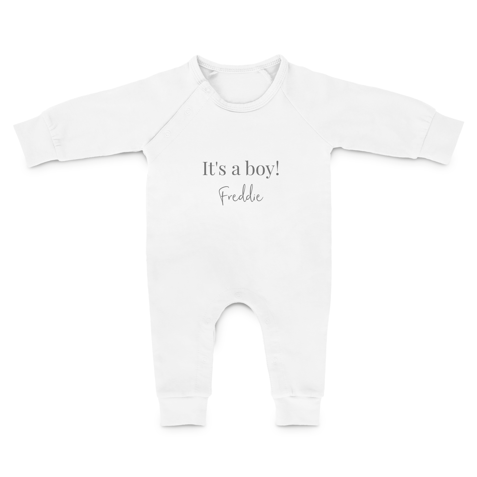Bela igralna obleka za dojenčke z napisom It's a boy! Freddie, prilagojena z imenom, za lepo brcanje