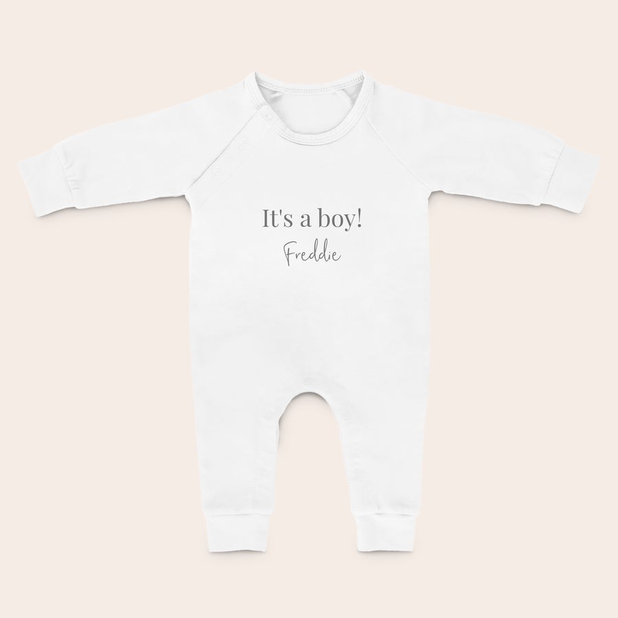 Tutina Pigiama Neonato Tutina bianca stampata e personalizzata con testo It's a boy e nome Freddie