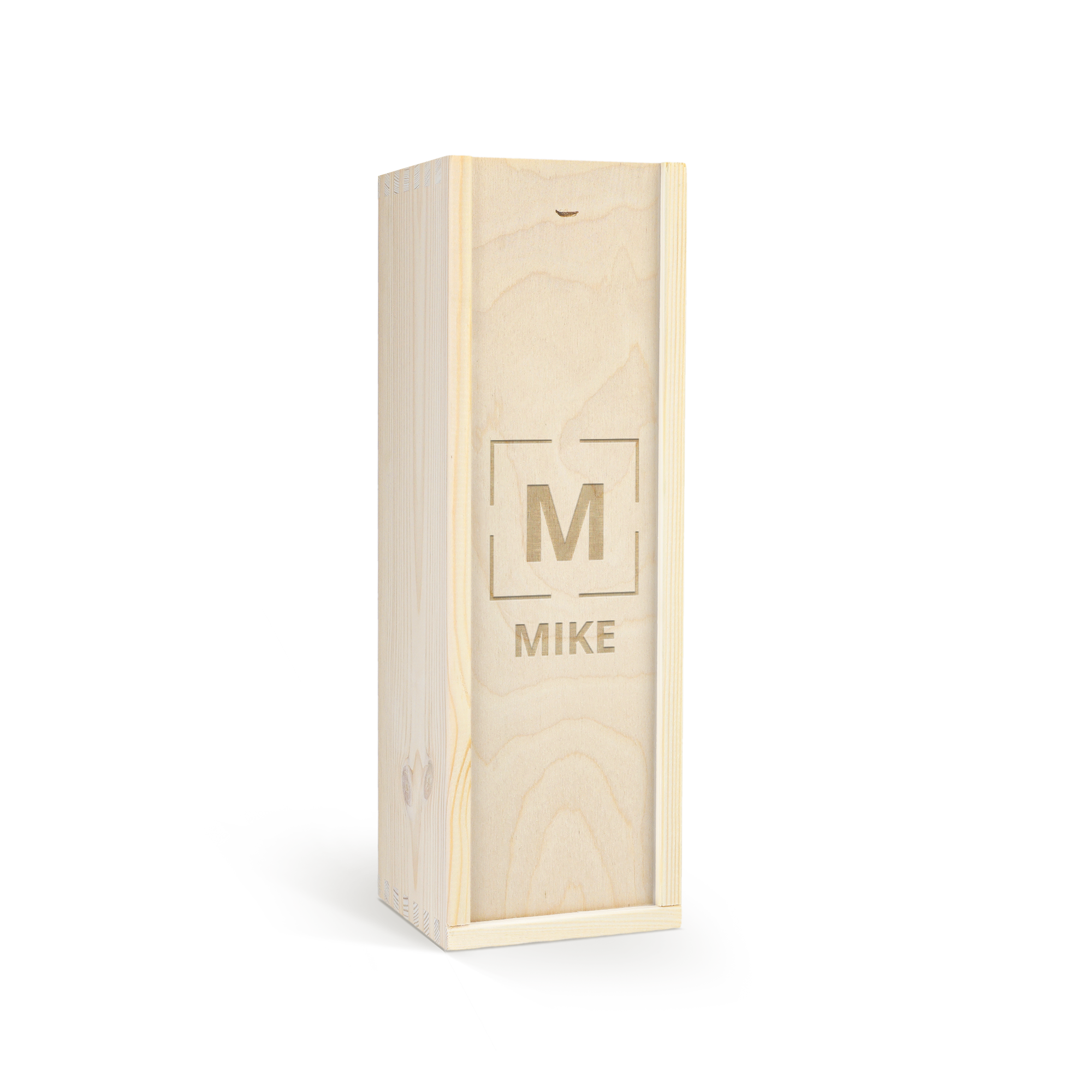 Caja de madera grabada con la letra M y el nombre Mike, para regalo de vino Vintense Blanc Fines Bulles.