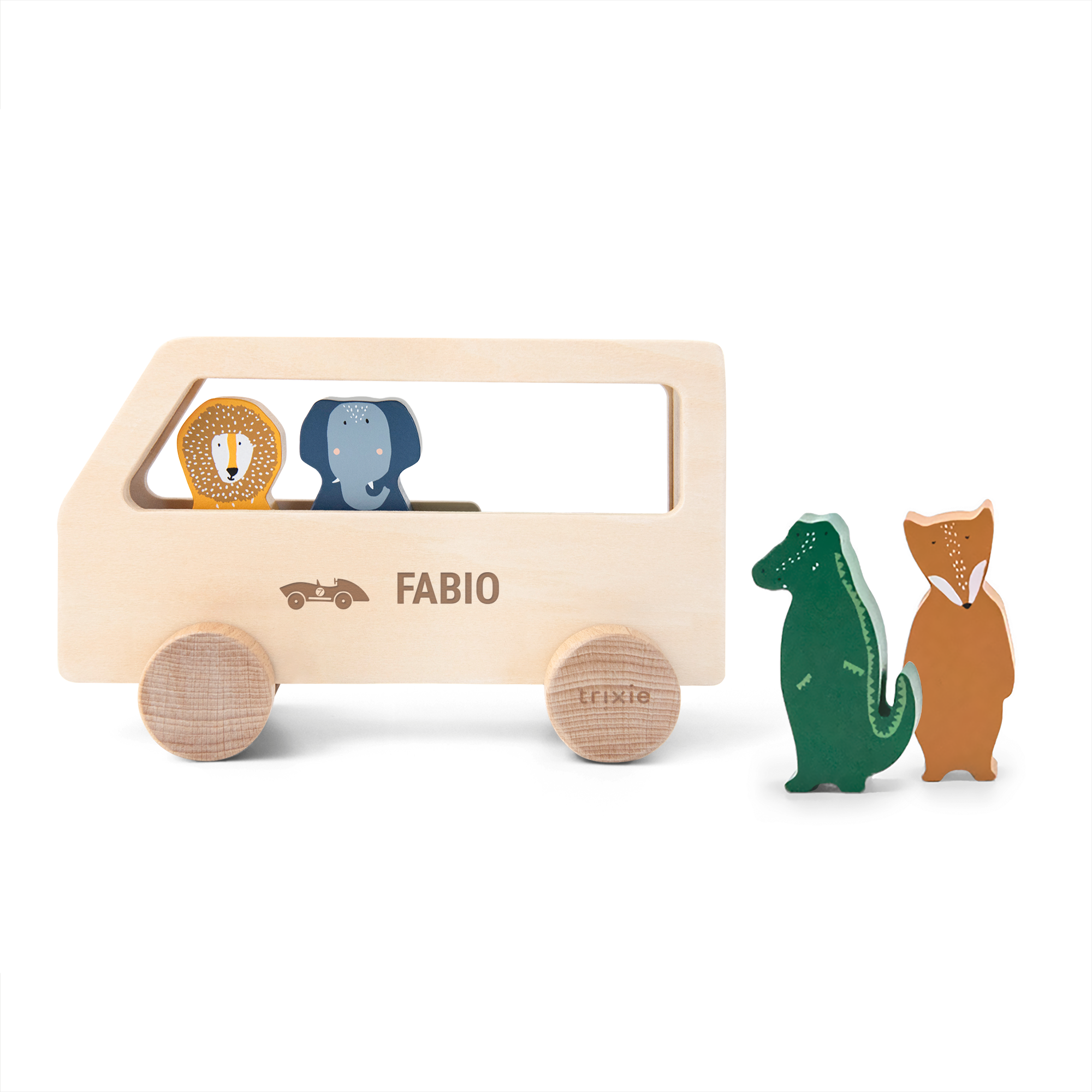 Holzbus mit Tierfiguren, personalisiert mit dem Namen Fabio, graviert auf der Seite. Stundenlanger Spaß mit diesem Holzspielzeug Bus mit Namen!