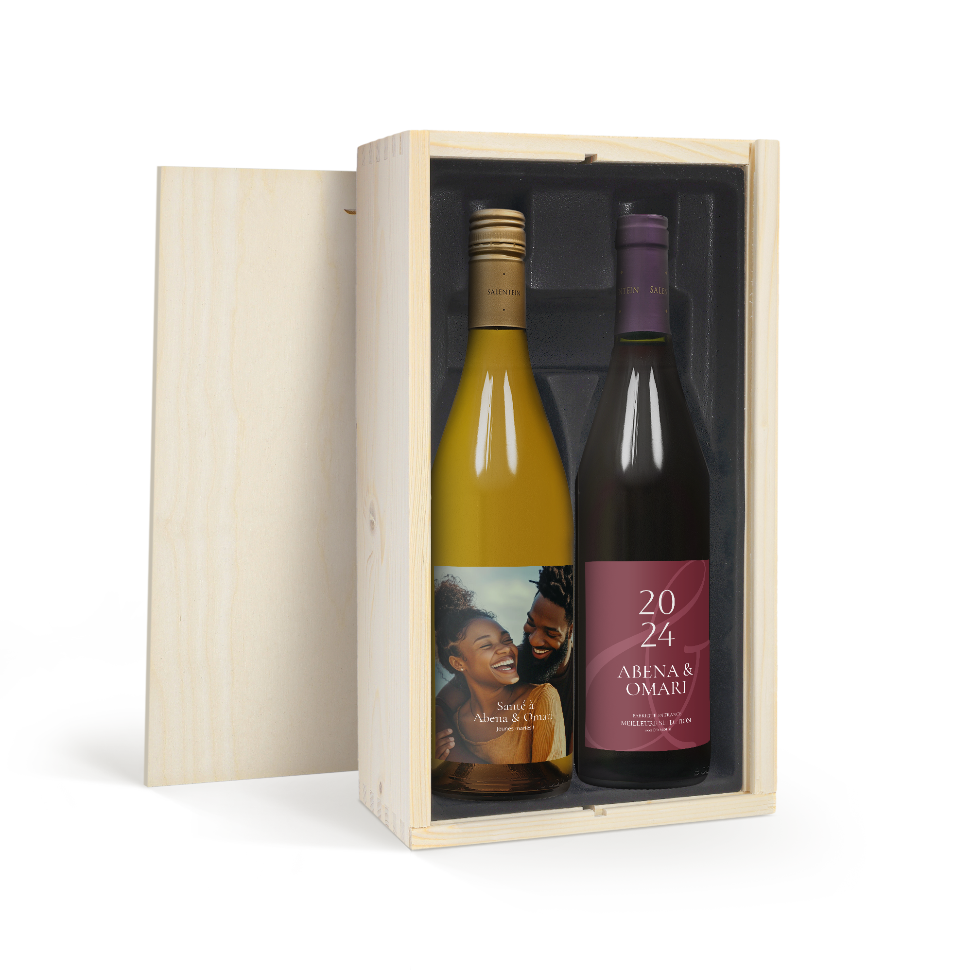 Coffret cadeau Salentein Pinot Noir et Chardonnay personnalisés avec photo et texte Abena & Omari