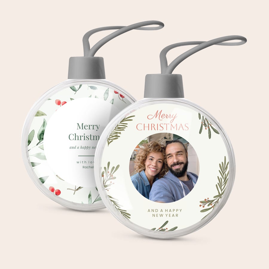 Läpinäkyvä joulupallo Läpinäkyvä itse luomasi joulupallo valokuvalla ja tekstillä Merry Christmas