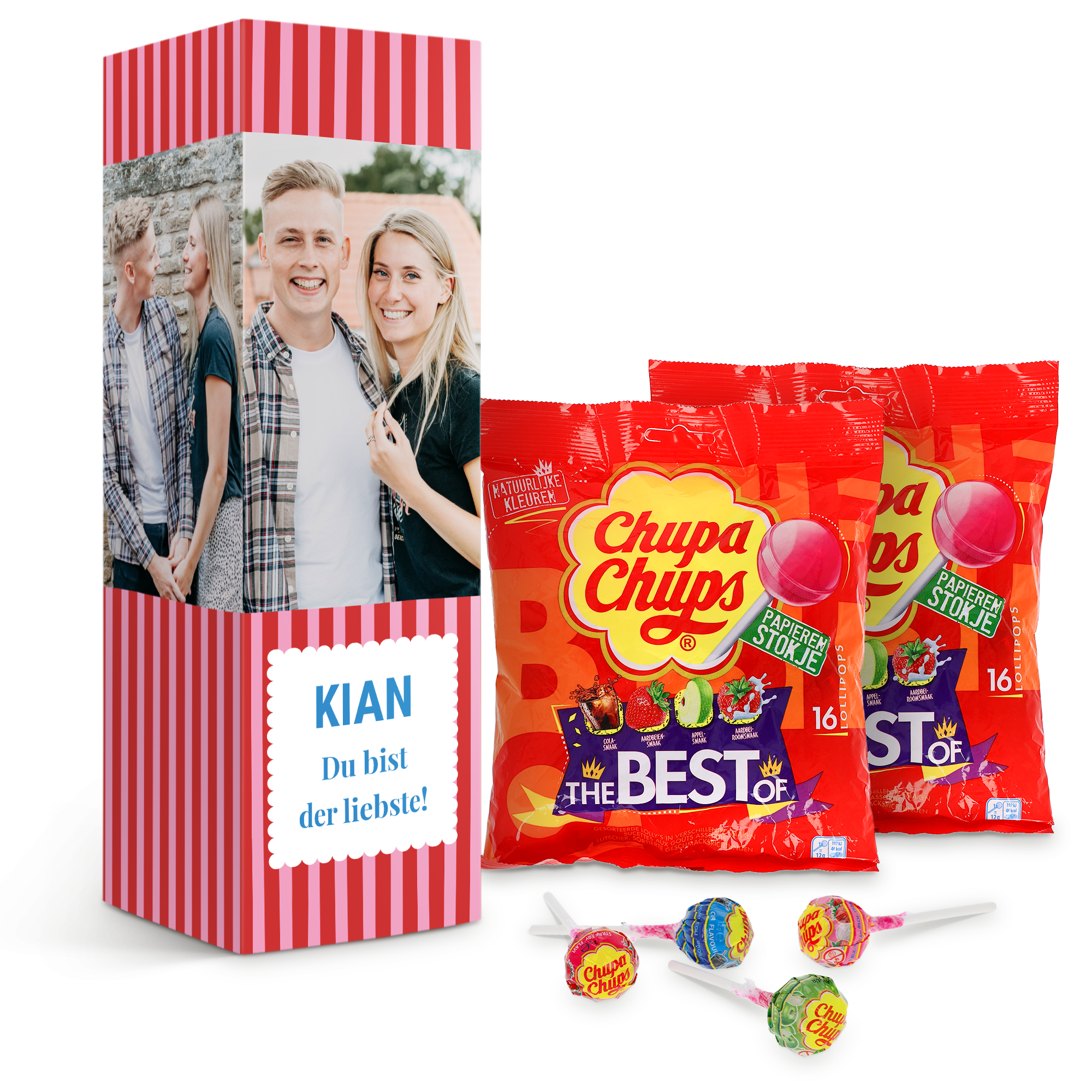 Personalisierte Lollipop Geschenkbox bedruckt mit einem Foto von zwei lächelnden Personen und dem Namen Kian.