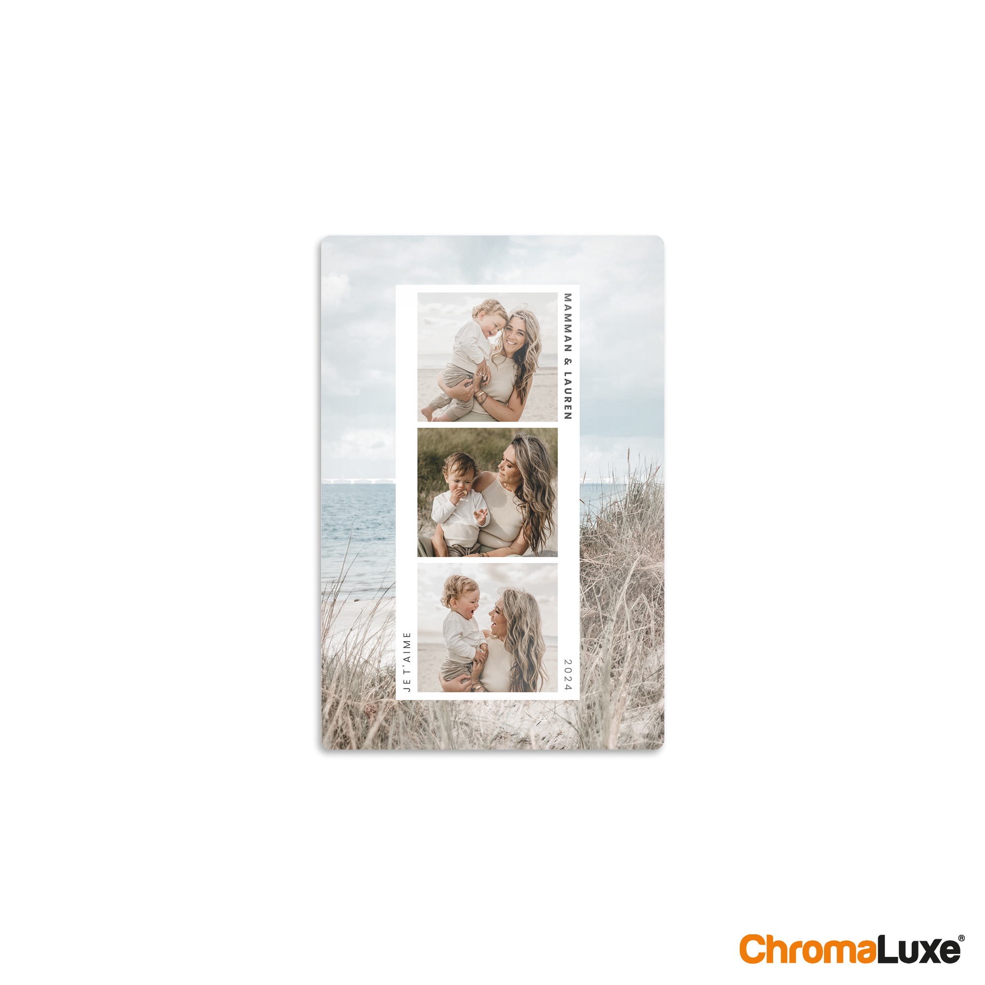 Tableau photo personnalisé ChromaLuxe avec 3 photos imprimées d'une mère et son enfant, texte Maman & Lauren