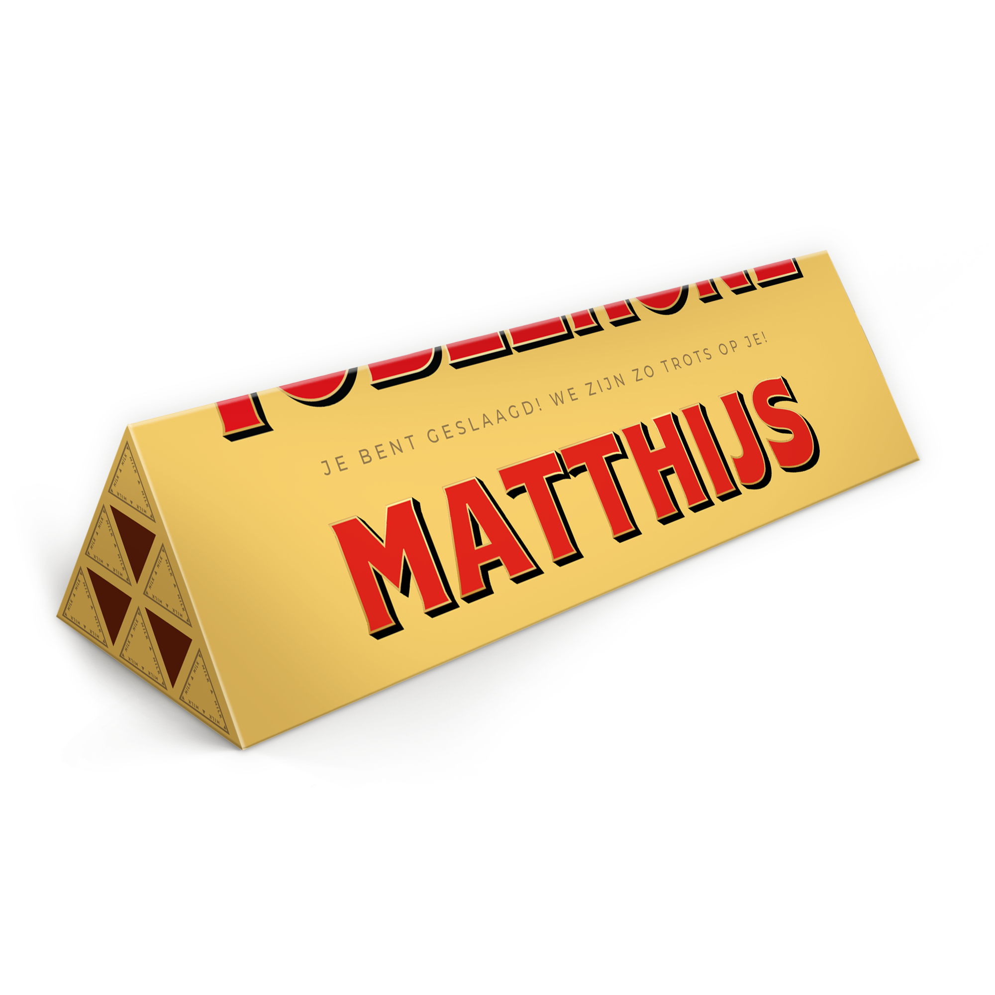 Toblerone reep met naam - 1800 gram. Gepersonaliseerde Toblerone reep in goud met de naam Matthijs en de tekst Je bent geslaagd!
