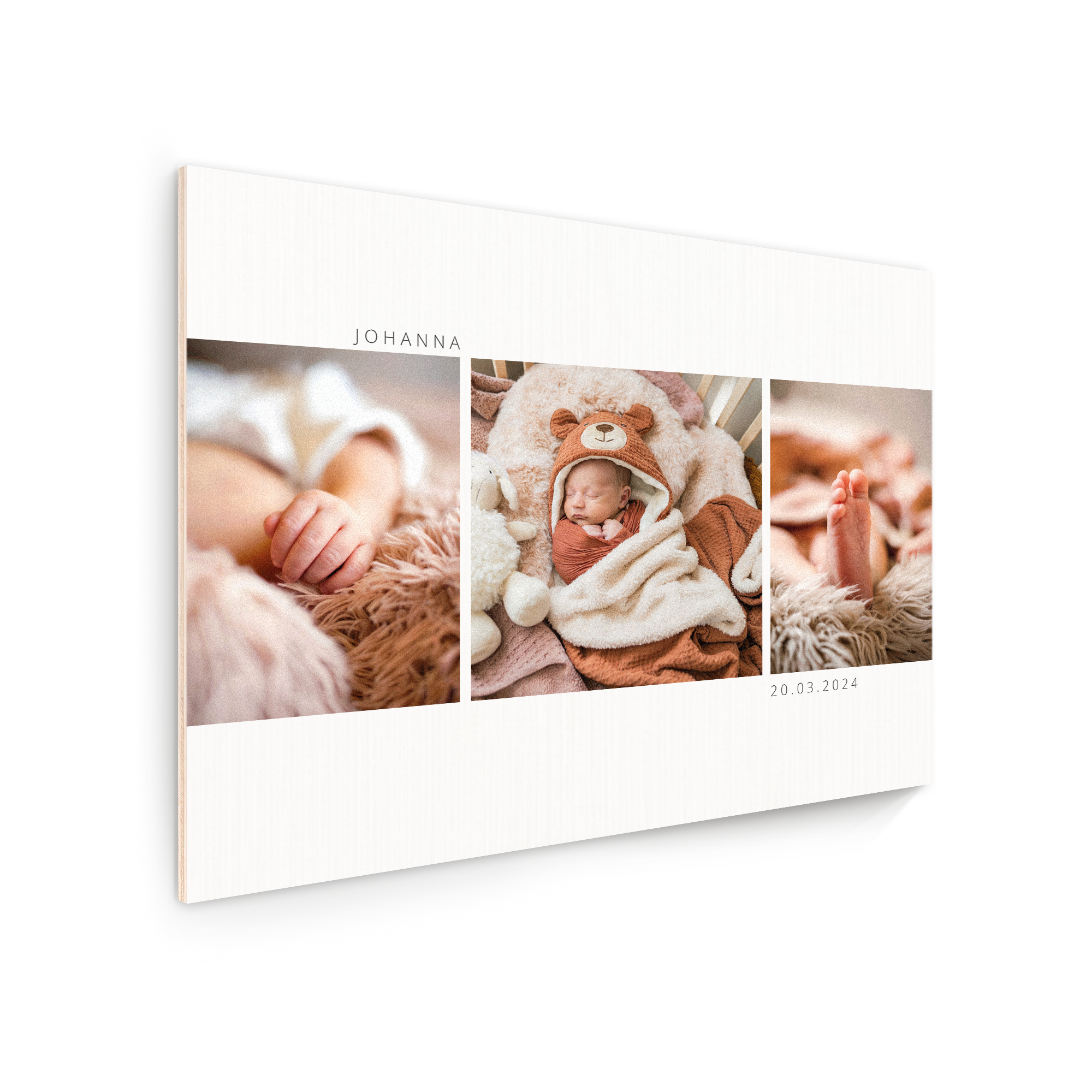 Tableau en bois personnalisé avec une photo de bébé divisée en trois, le prénom Johanna et la date 20.03.2024