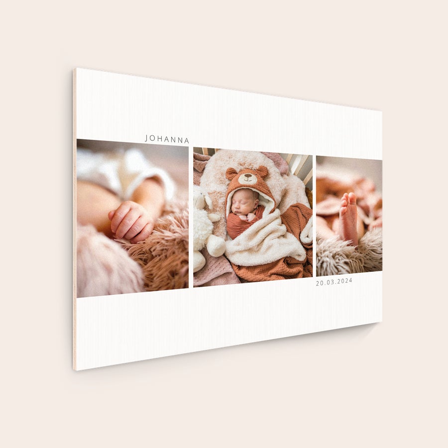 Photo sur bois Tableau en bois personnalisé avec une photo de bébé divisée en trois, le prénom Johanna et la date 20.03.2024