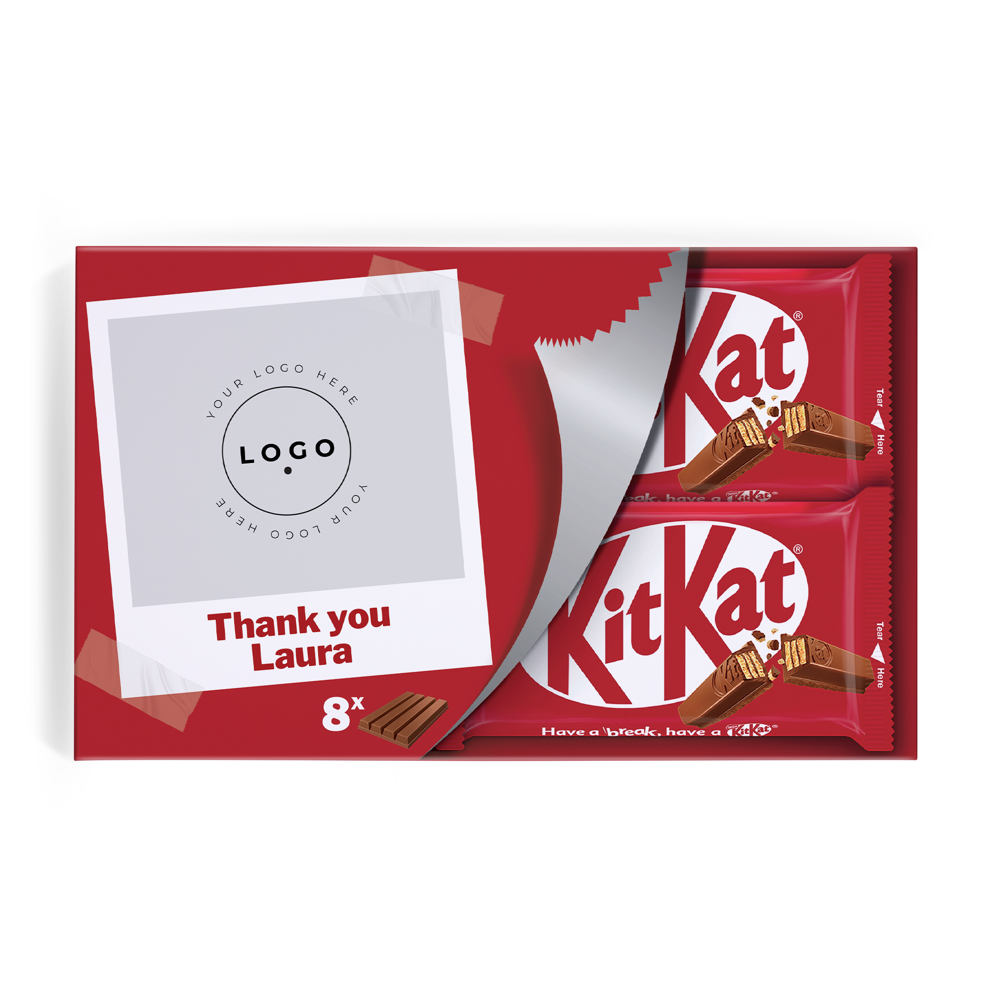 Cutie cadou KitKat Bars rosie personalizata cu o fotografie si numele Laura, continand 8 batoane KitKat 4Fingers.