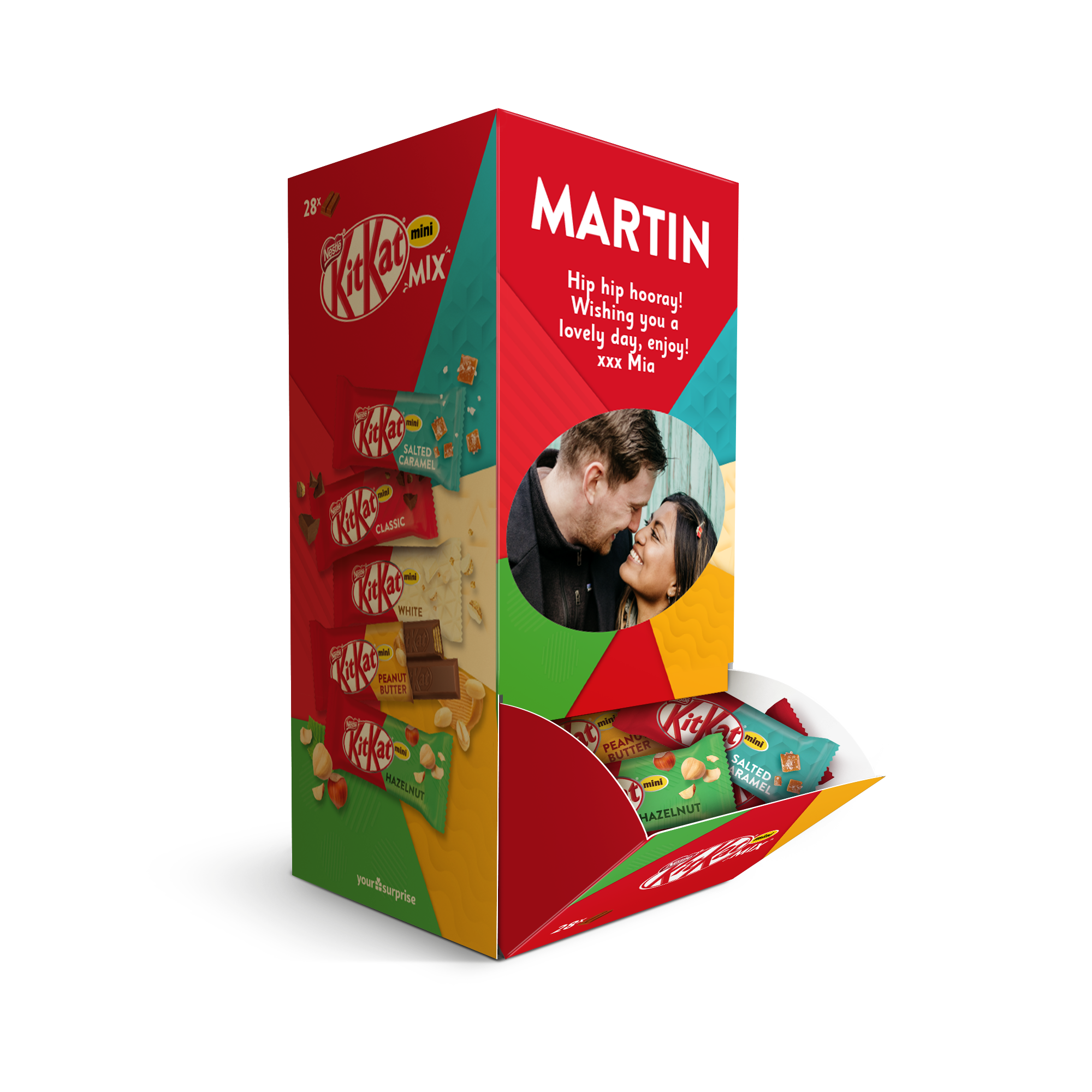 Personalized KitKat Mini Mix chocolate dispenser with a custom photo and message printed on it, filled with assorted chocolates.