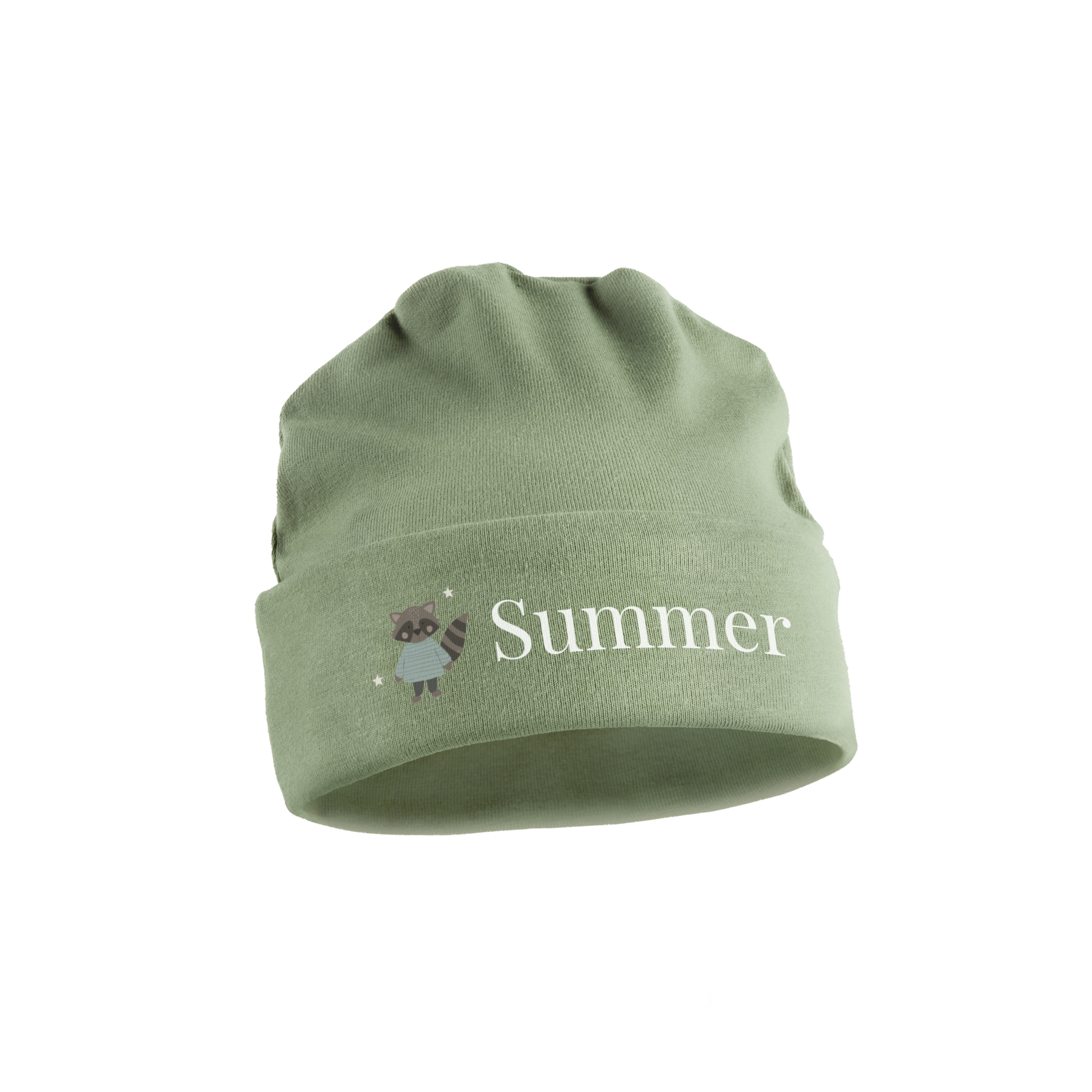 Green baby hat printed with a cute raccoon and the name Summer.