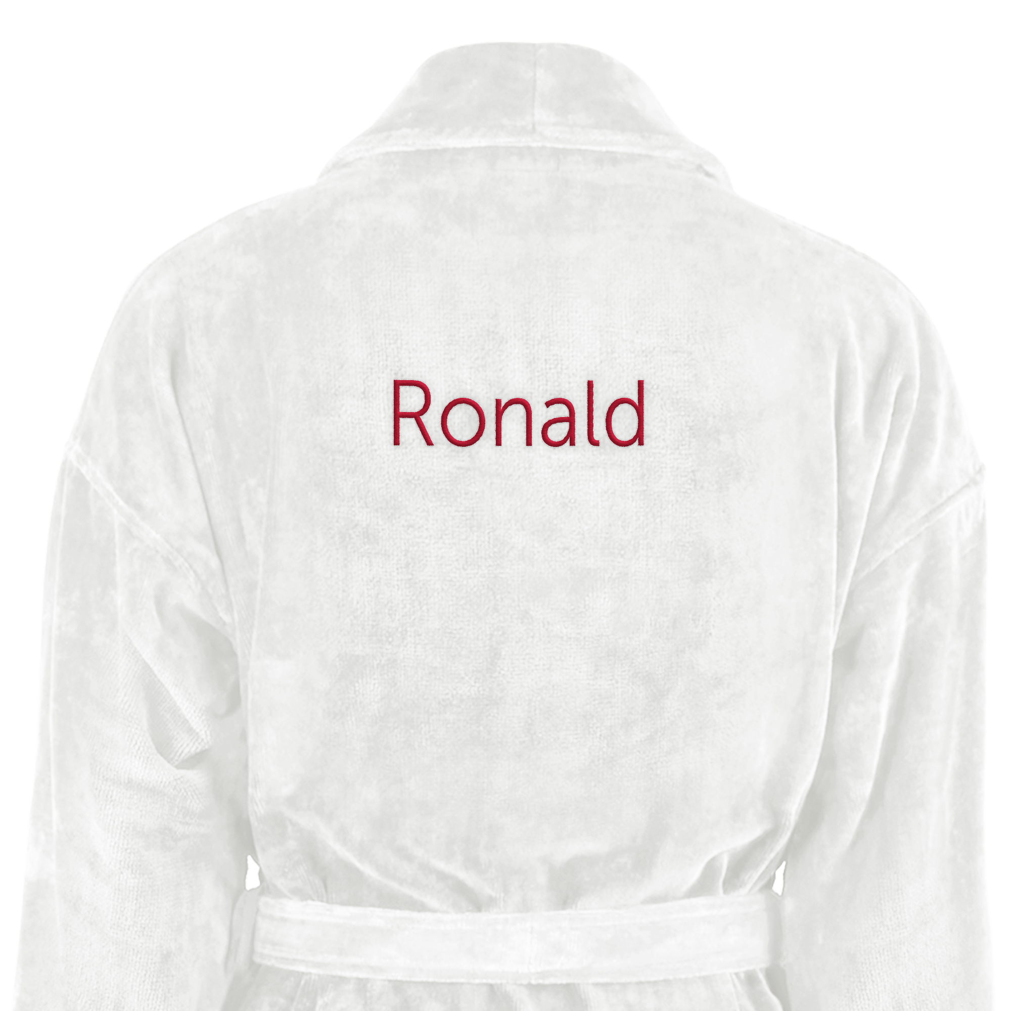 Witte badstof badjas met naam Ronald in het rood geborduurd op de rug, personaliseerbaar.