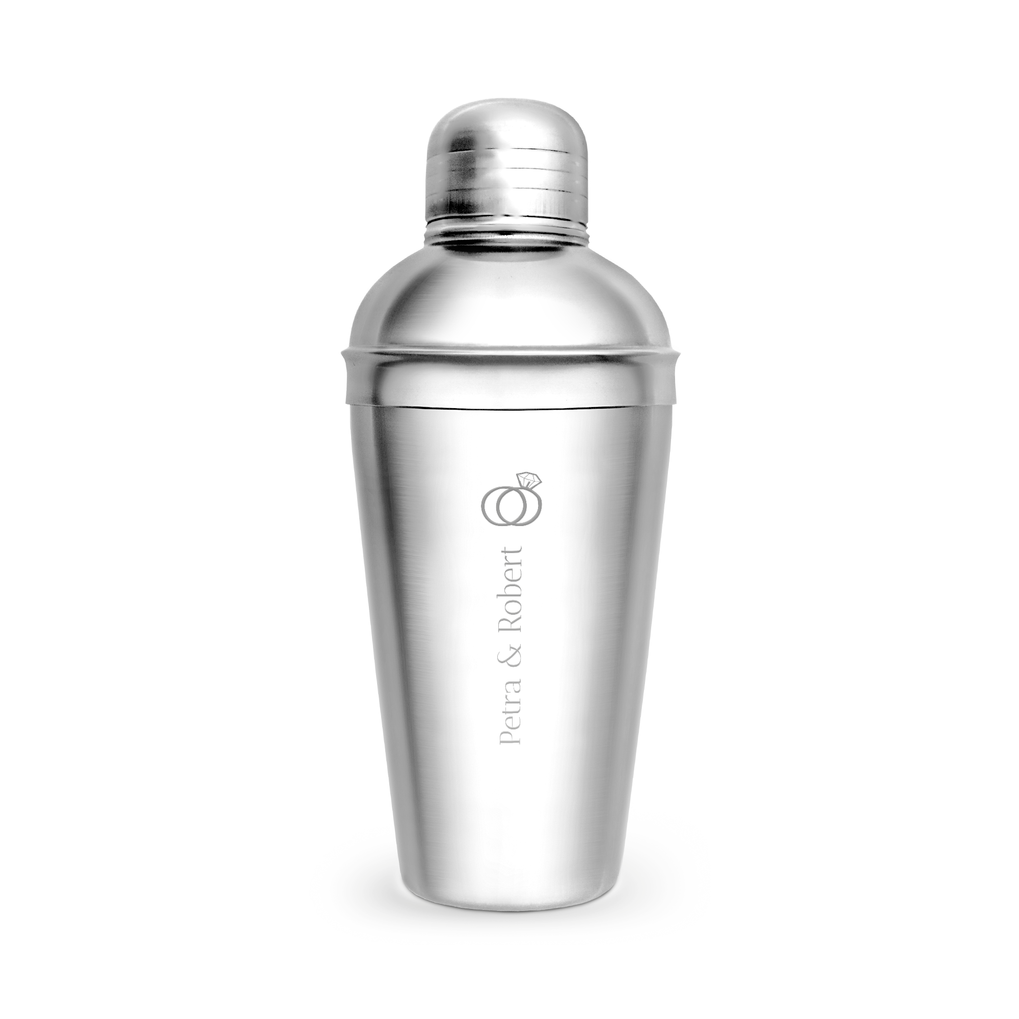 Silberner Cocktailshaker aus Edelstahl, graviert mit den Namen "Petra & Robert" und einem Symbol aus zwei Ringen, das perfekte Geschenk für einen Cocktail Fan