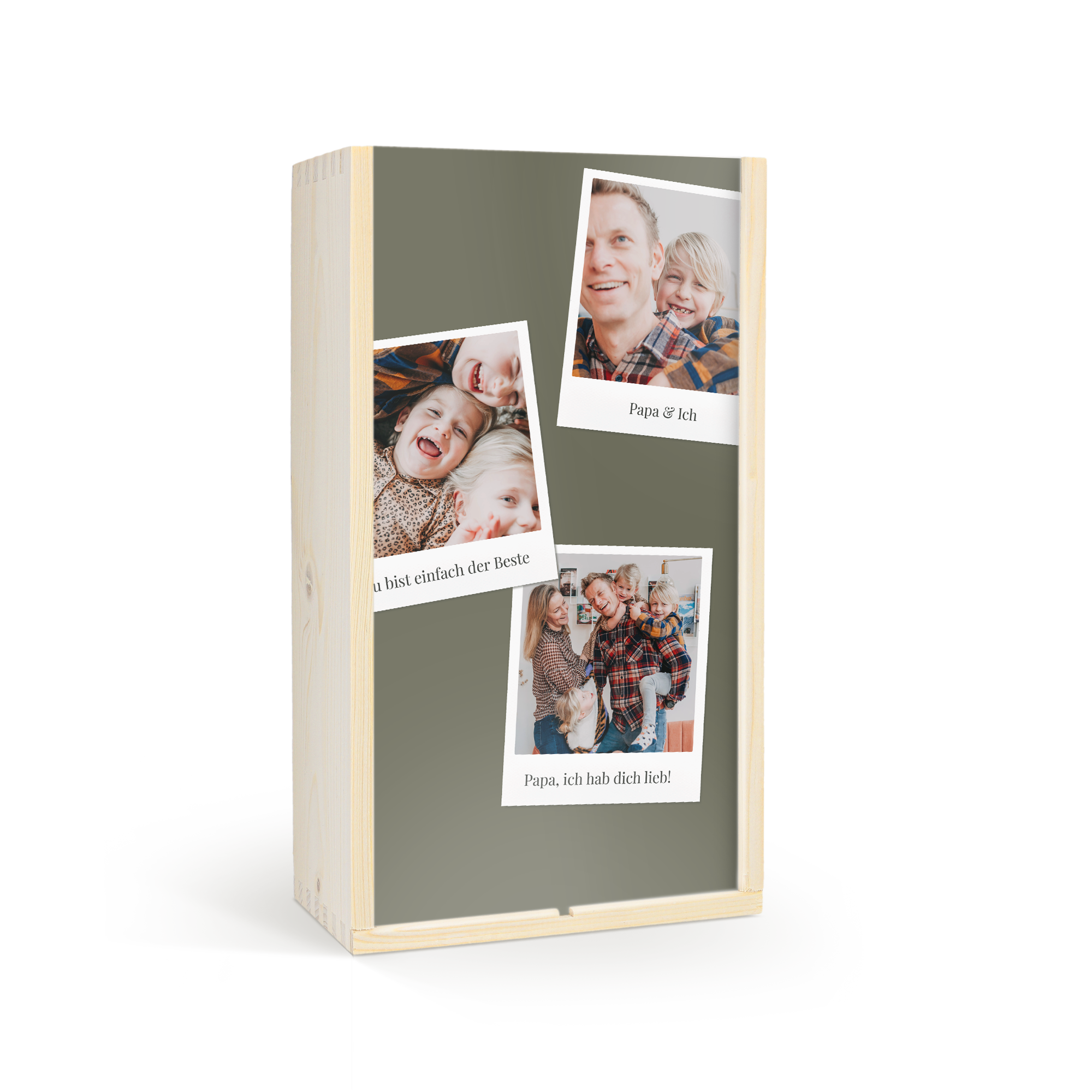 Weinkiste mit Foto für 2 Flaschen, bedruckt mit drei Familienfotos und Texten wie Papa & Ich, Du bist einfach der Beste, Papa, ich hab dich lieb.