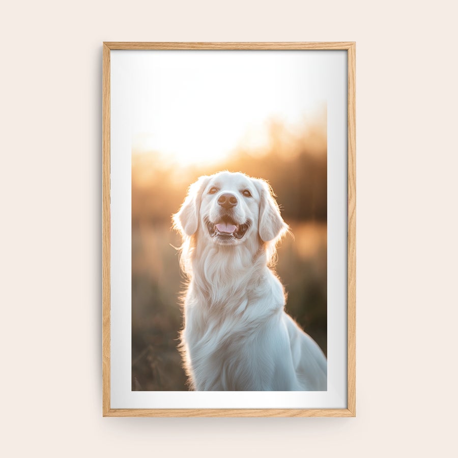 Foto in lijst bestellen Gepersonaliseerde fotoafdruk van een lachende hond met tegenlicht in een houten lijst om aan de muur te hangen