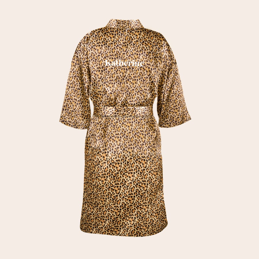 Personalizované kimono Leopardí sametové kimono s potiskem jména Katherine, vázané v pase pro ženu.