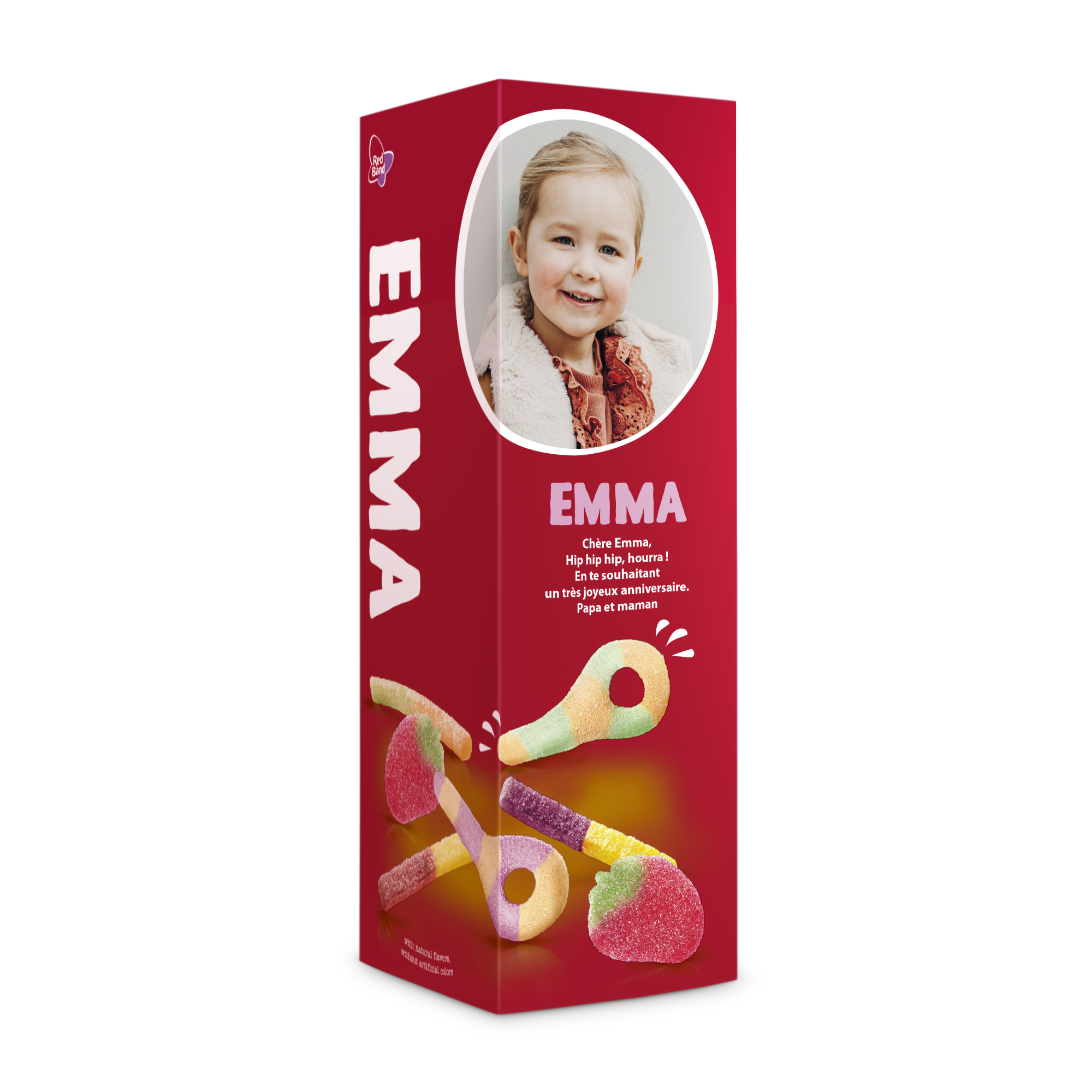 Boîte cadeau personnalisée de bonbons mélangés avec photo imprimée d'une enfant et le prénom Emma