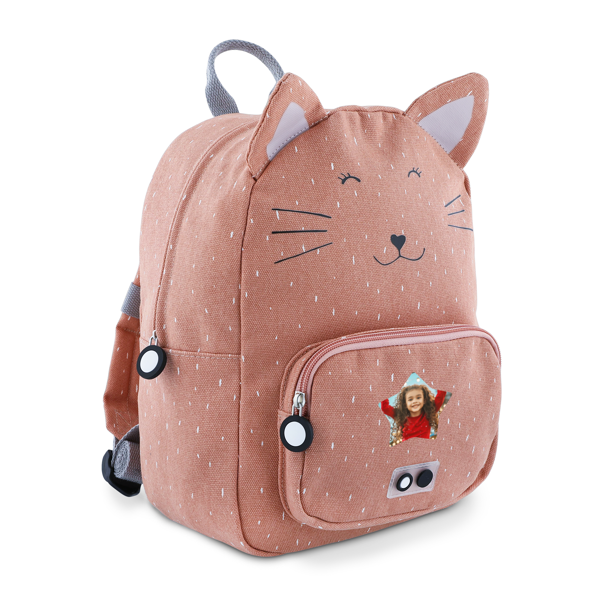 Mochila infantil rosa de gato Trixie personalizada com foto estrela, perfeita para surpreender os mais pequenos