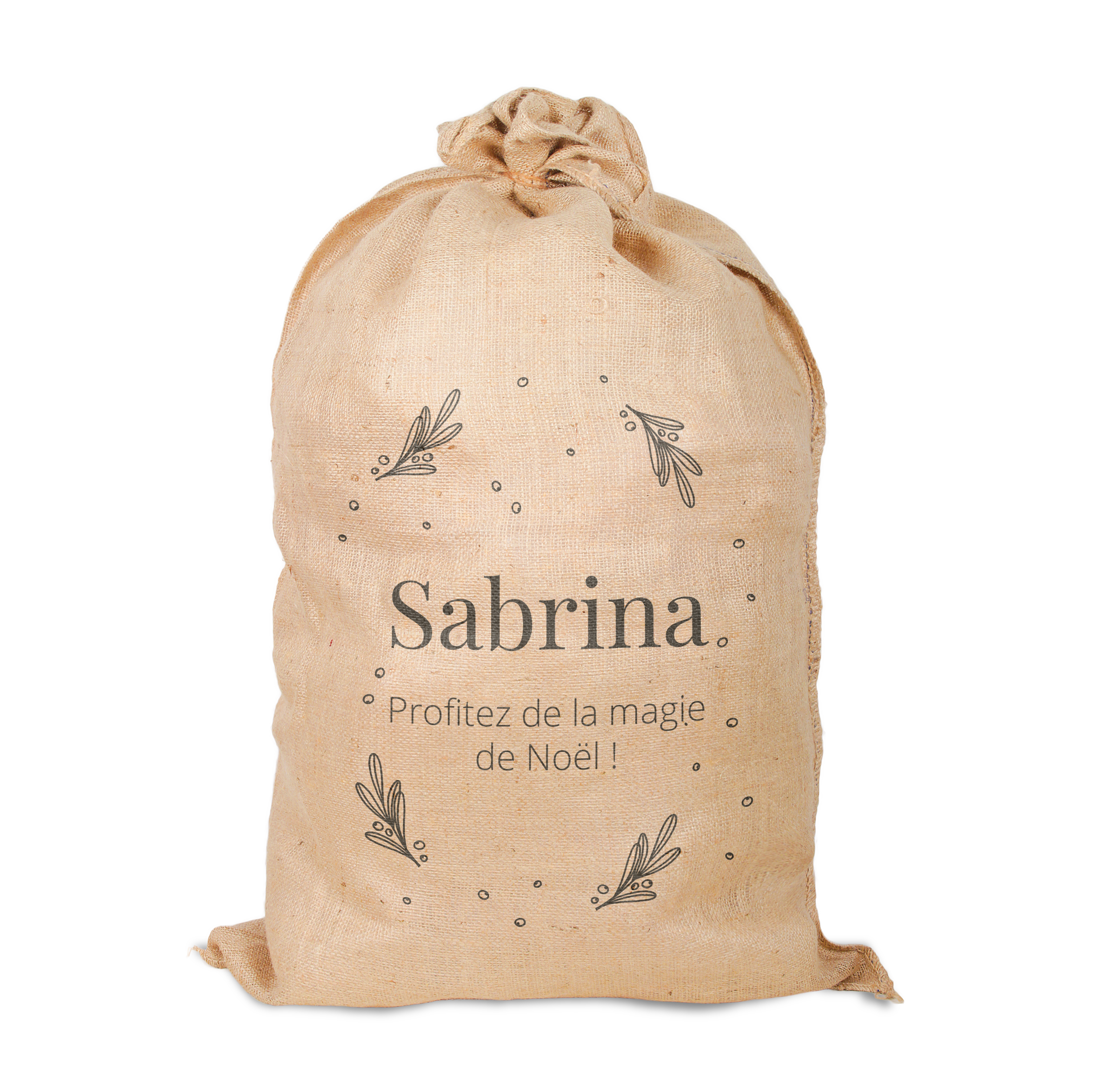Sac de Noël en toile de jute personnalisé imprimé avec le prénom Sabrina et Profitez de la magie de Noël