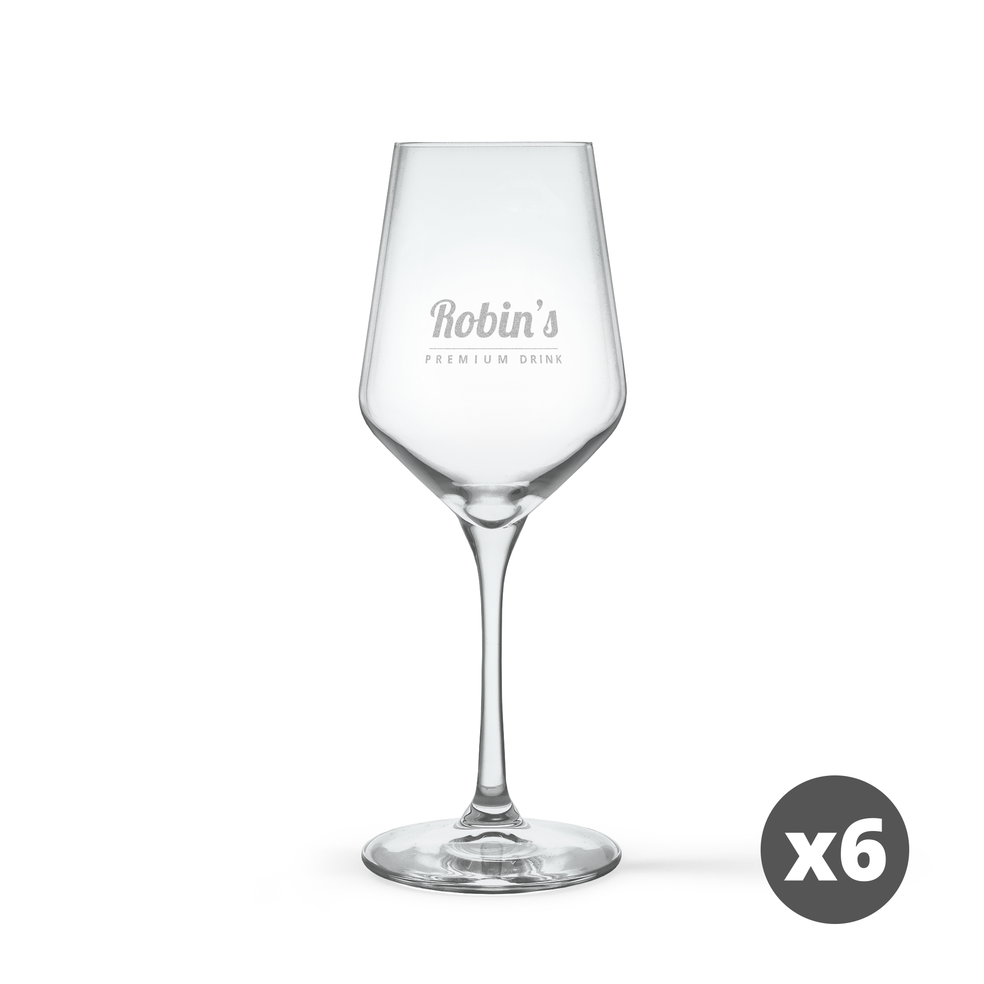 Krystallhvitvinsglass med teksten "Robin's Premium Drink" lasergravert.