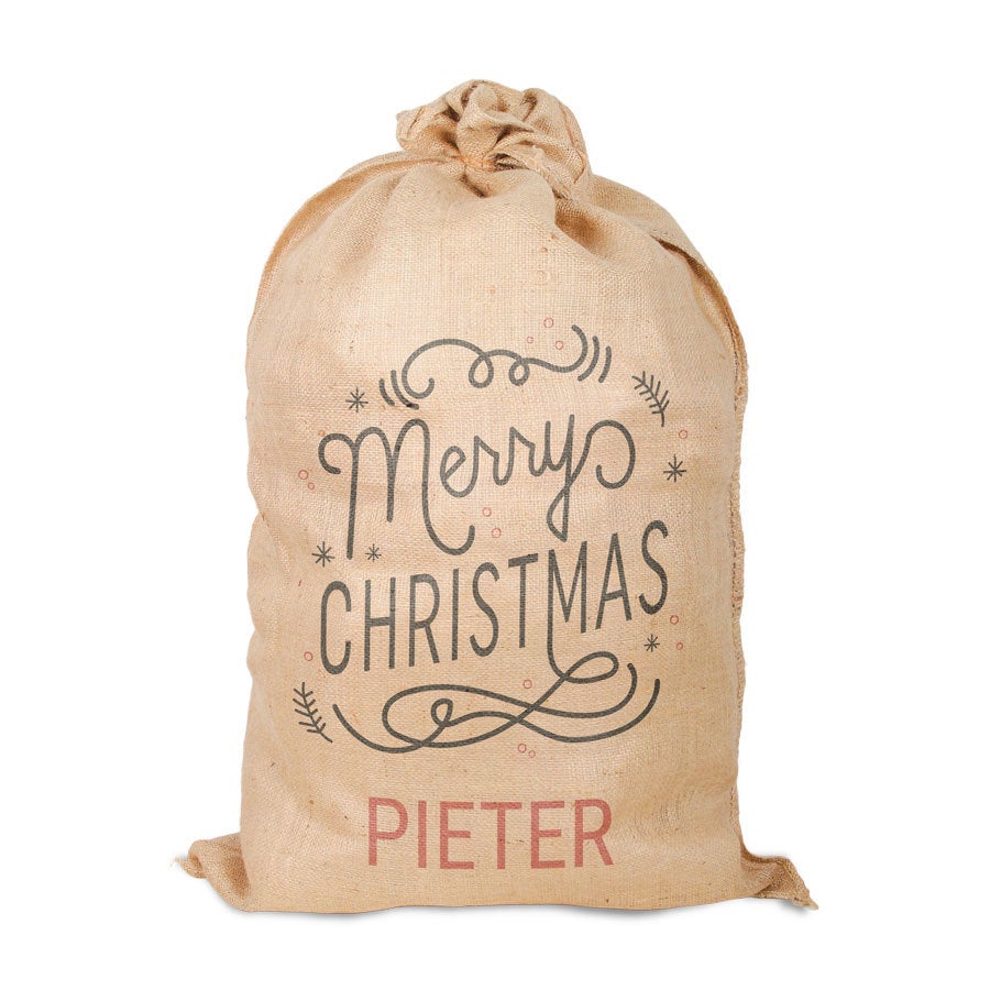 Jute kerstzak met naam bedrukt Jute kerstzak met naam bedrukt