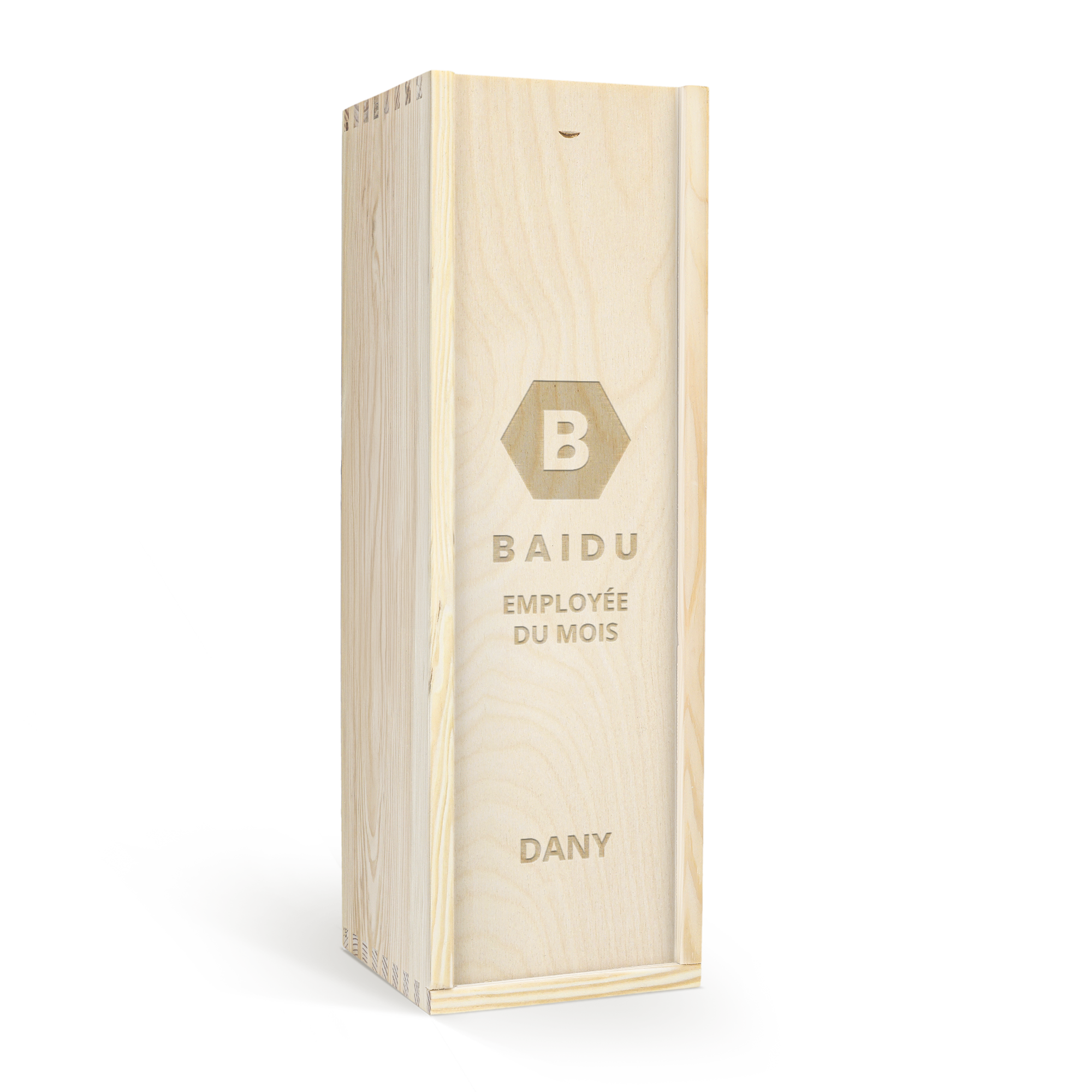 Coffret vin personnalisé en bois clair gravé du logo B, du nom Baidu, et du texte Employée du mois et Dany